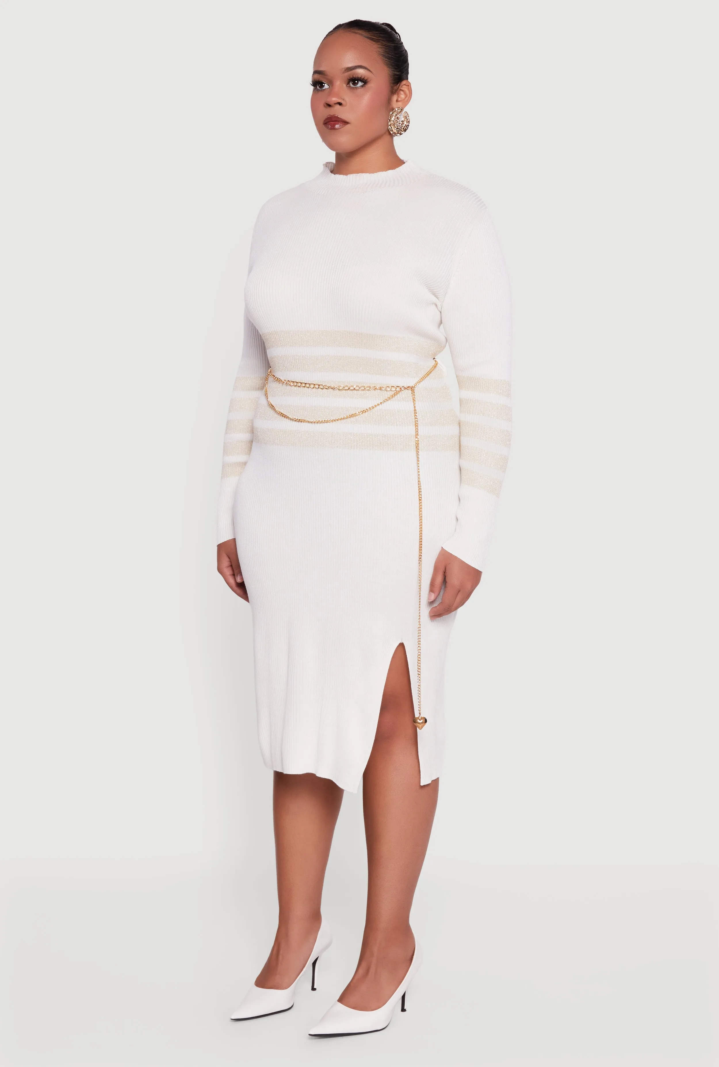 Plus Size Lurex Stripe Detail Sweater Dress with Chain Belt sold by Rainbow product image thumbnail 3