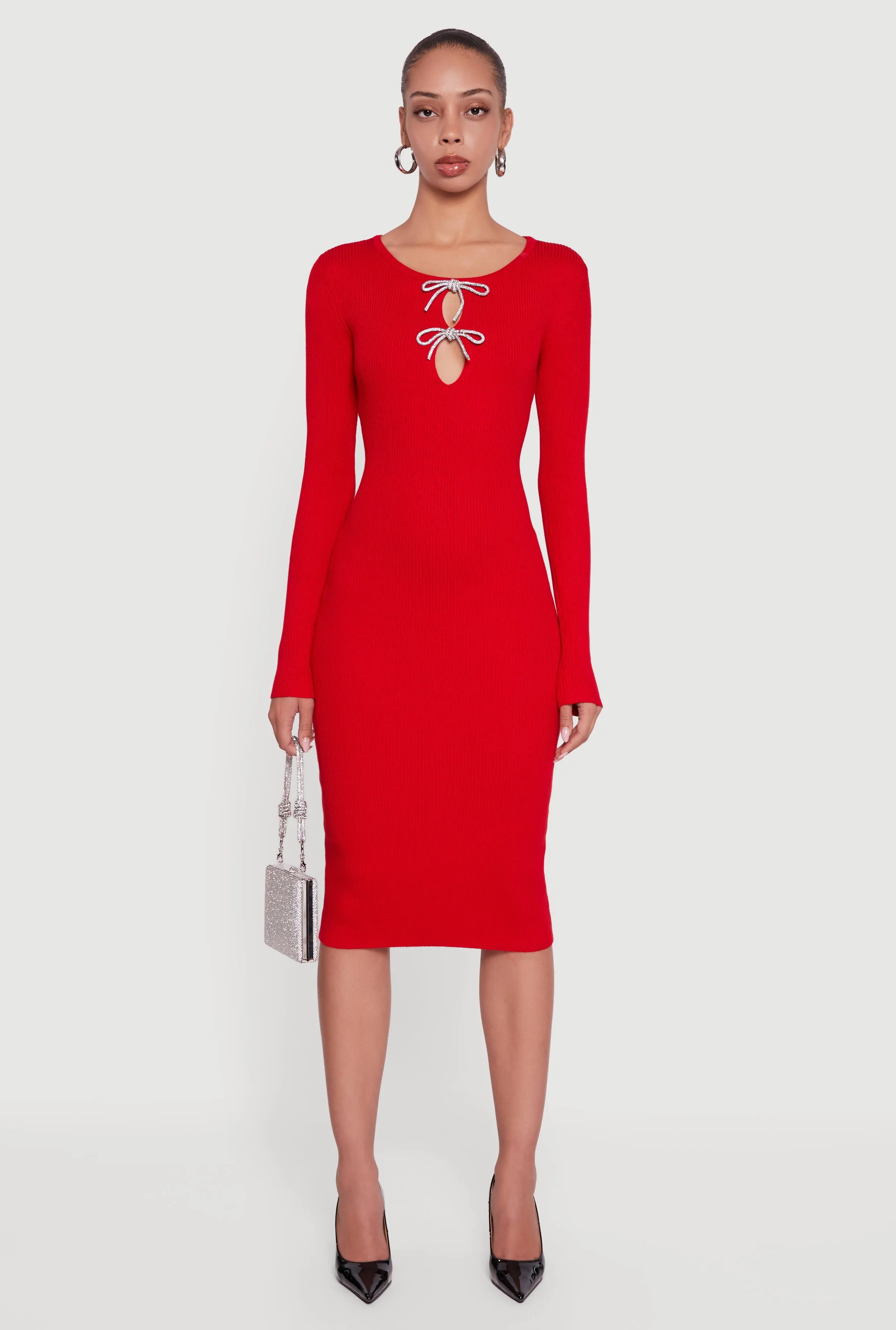 Almost Famous Double Rhinestone Bow Keyhole Sweater Dress sold by Rainbow product image thumbnail 2