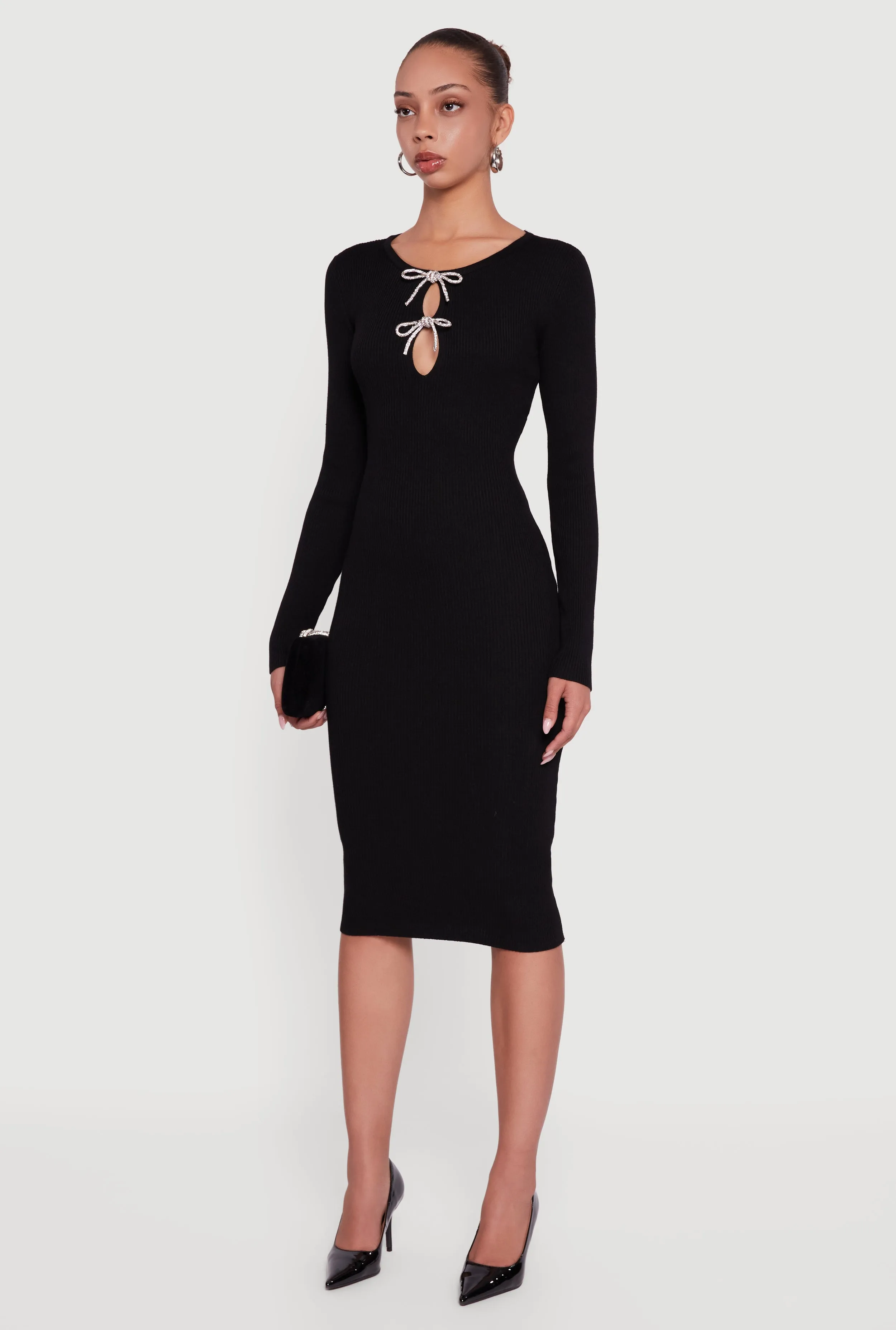 Almost Famous Double Rhinestone Bow Keyhole Sweater Dress sold by Rainbow product image thumbnail 3