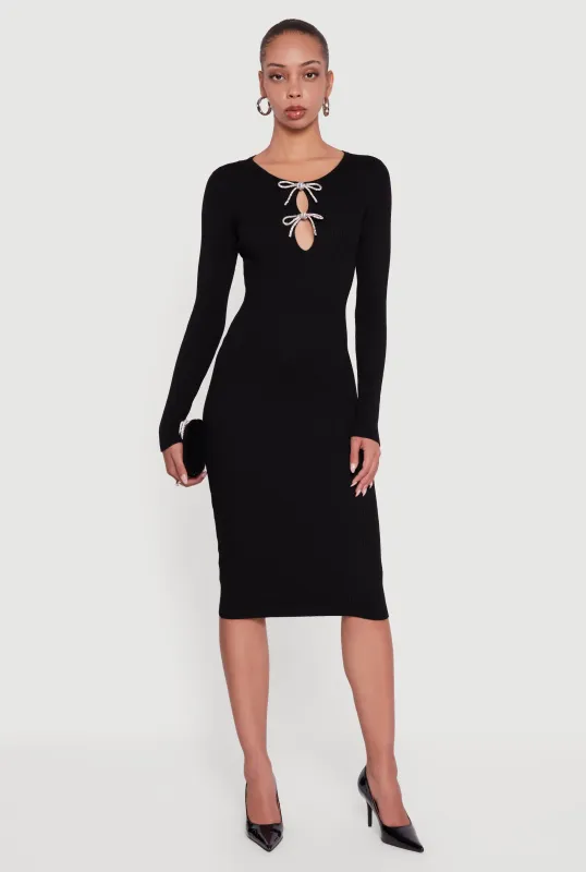 Almost Famous Double Rhinestone Bow Keyhole Sweater Dress sold by Rainbow