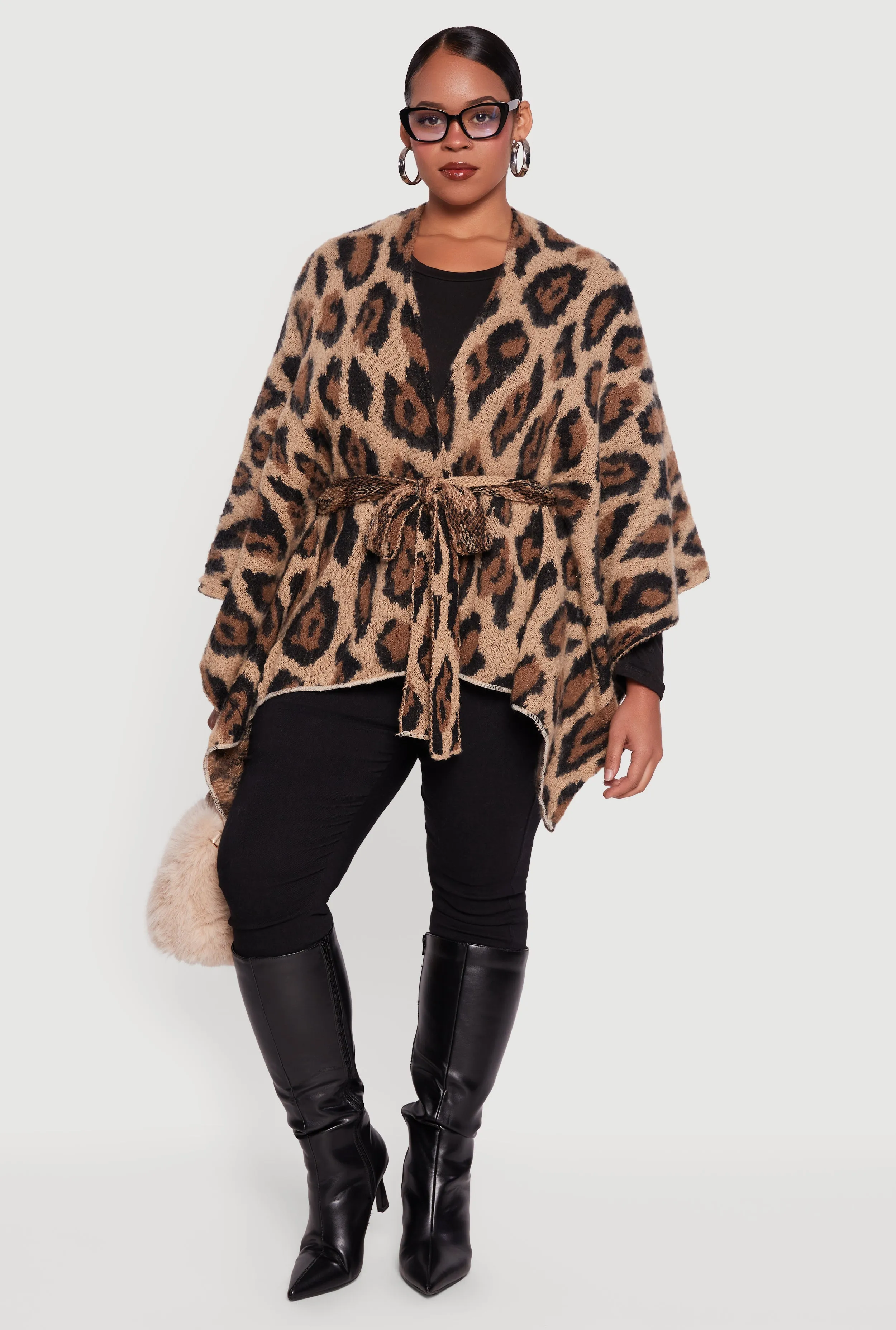 Leopard Print Open Front Poncho with Tie Waist Belt sold by Rainbow