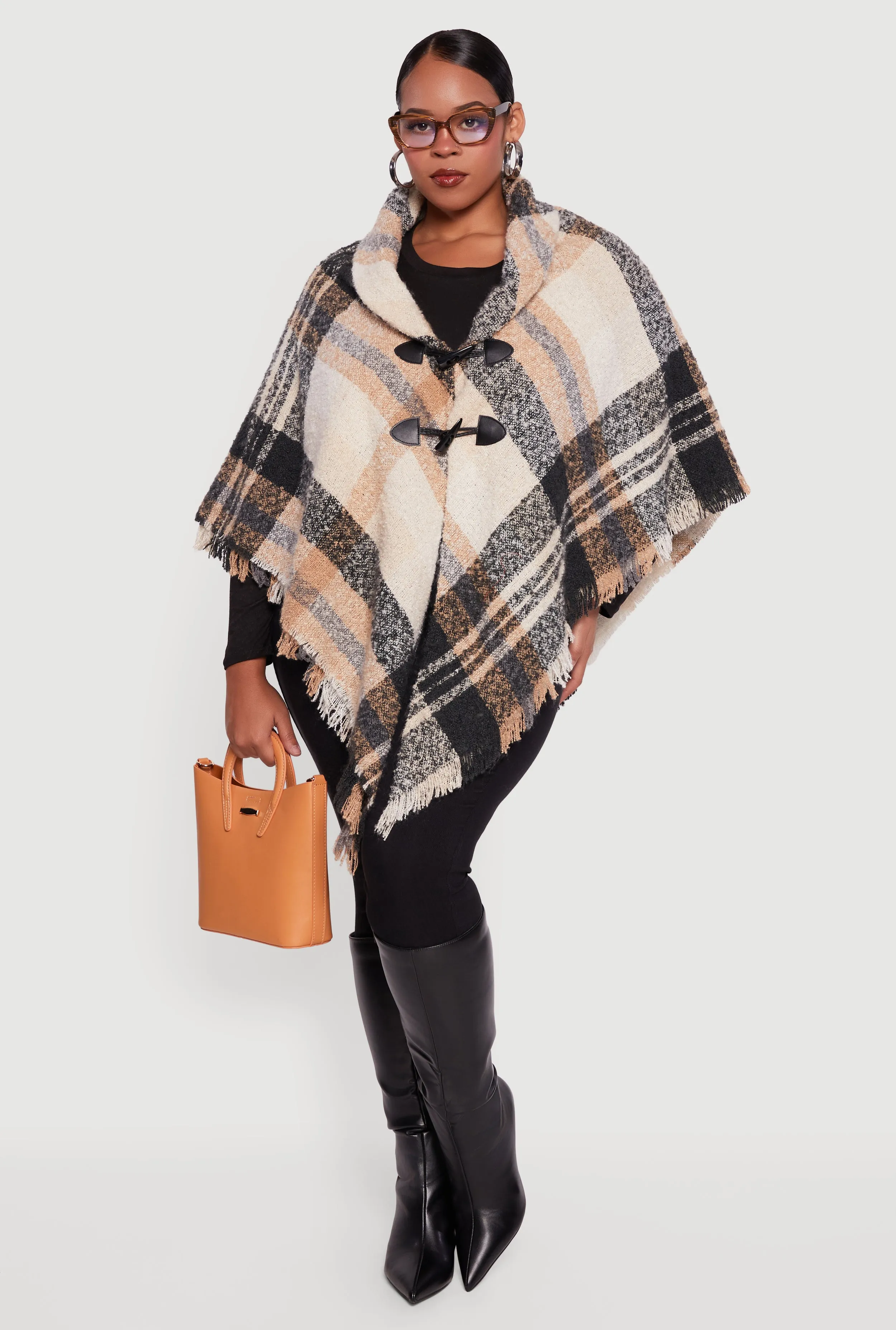 Front Toggle Loop Closure Plaid Boucle Poncho sold by Rainbow