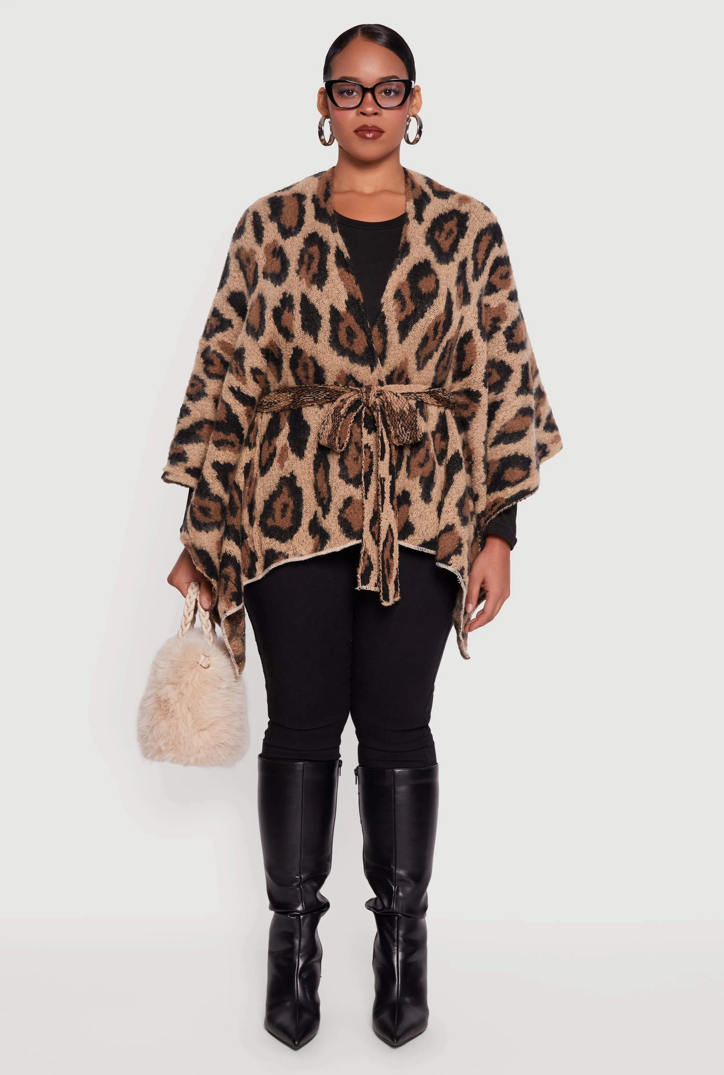 Leopard Print Open Front Poncho with Tie Waist Belt sold by Rainbow product image thumbnail 2