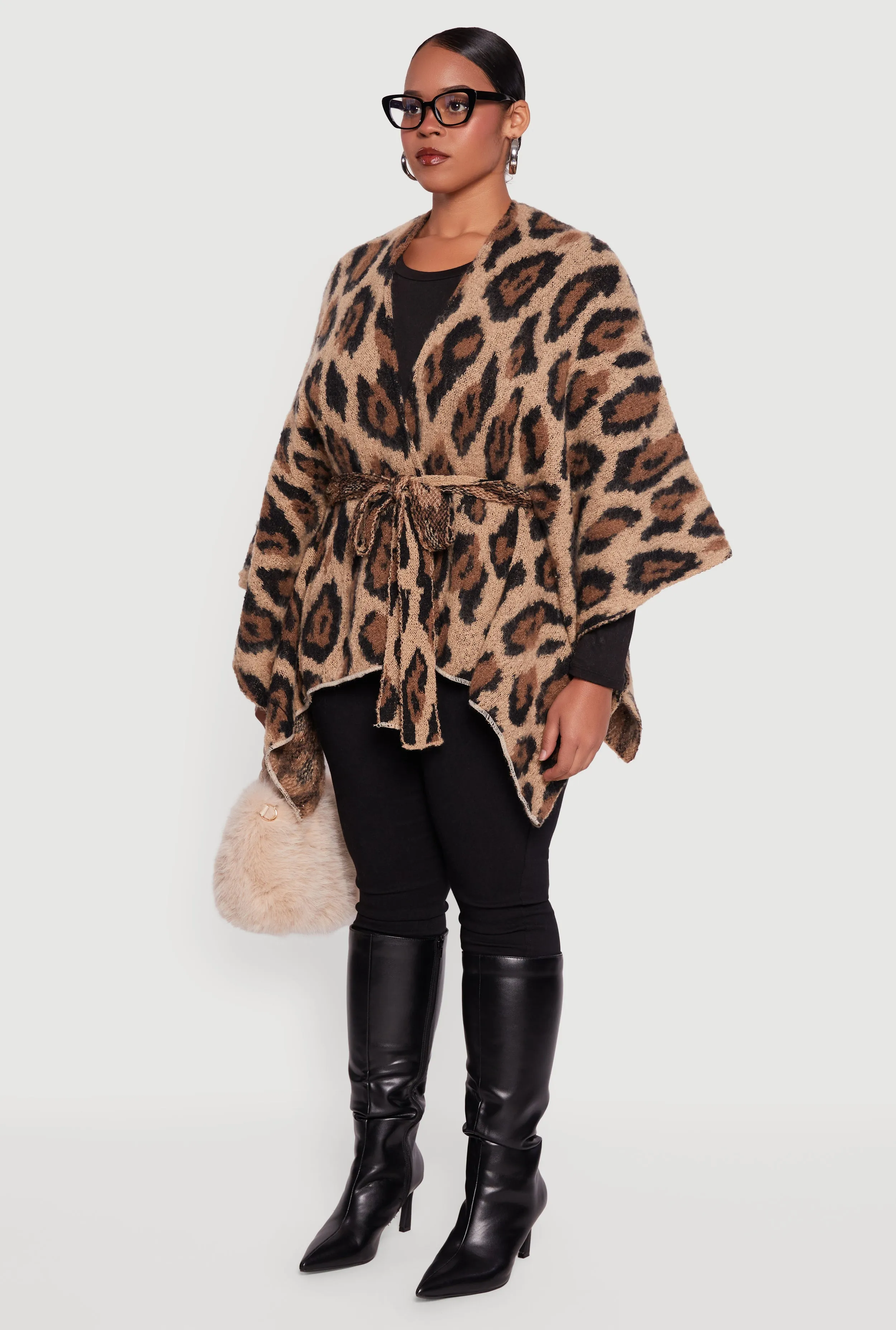 Leopard Print Open Front Poncho with Tie Waist Belt sold by Rainbow product image thumbnail 3