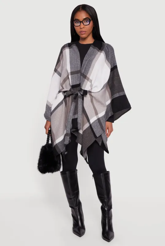 Plaid Brushed Knit Open Front Poncho with Tie Waist Belt sold by Rainbow