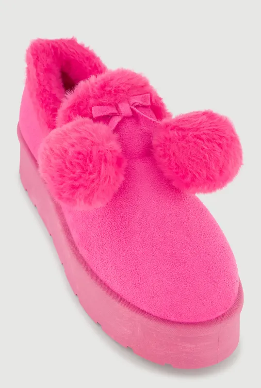 Faux Fur Pom Pom Platform Clogs sold by Rainbow