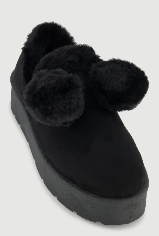 Faux Fur Pom Pom Platform Clogs sold by Rainbow