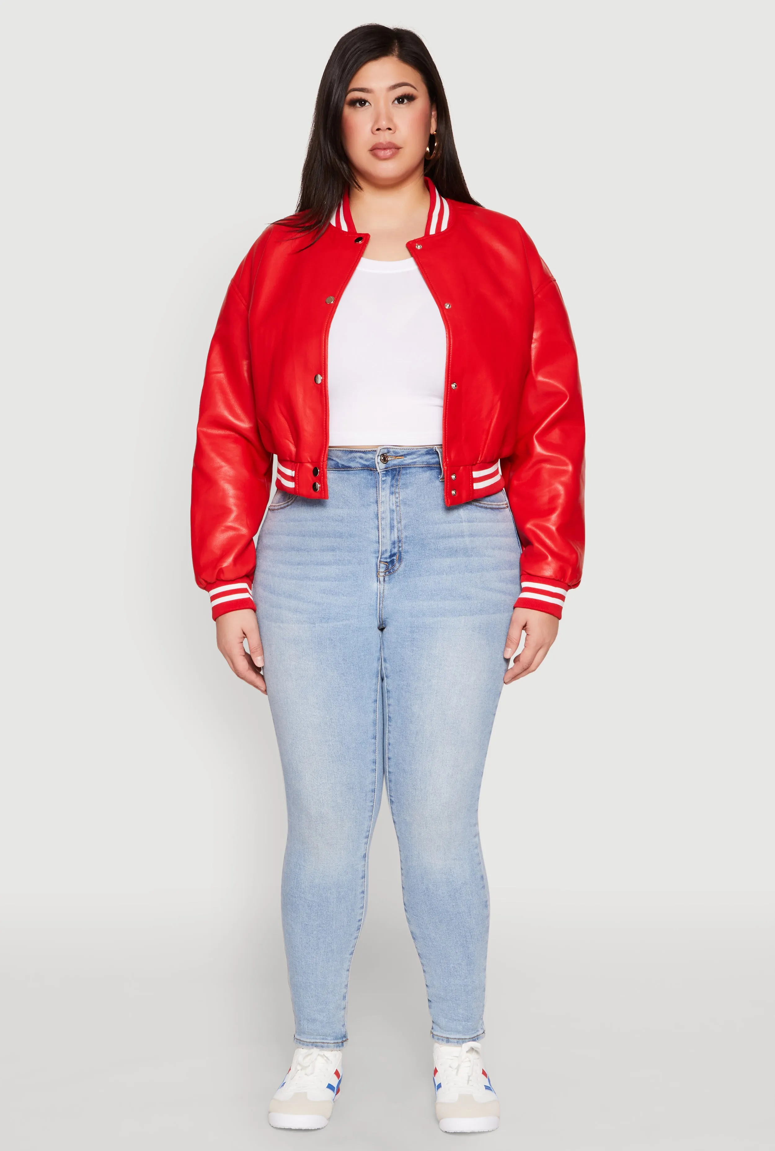 Plus Size Daisy Faux Leather Varsity Stripe Bomber Jacket sold by Rainbow product image thumbnail 3