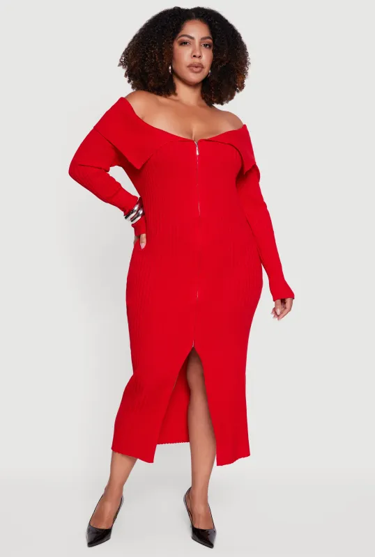 Plus Size Zip Front Fold Over Off the Shoulder Dress made by Rainbow