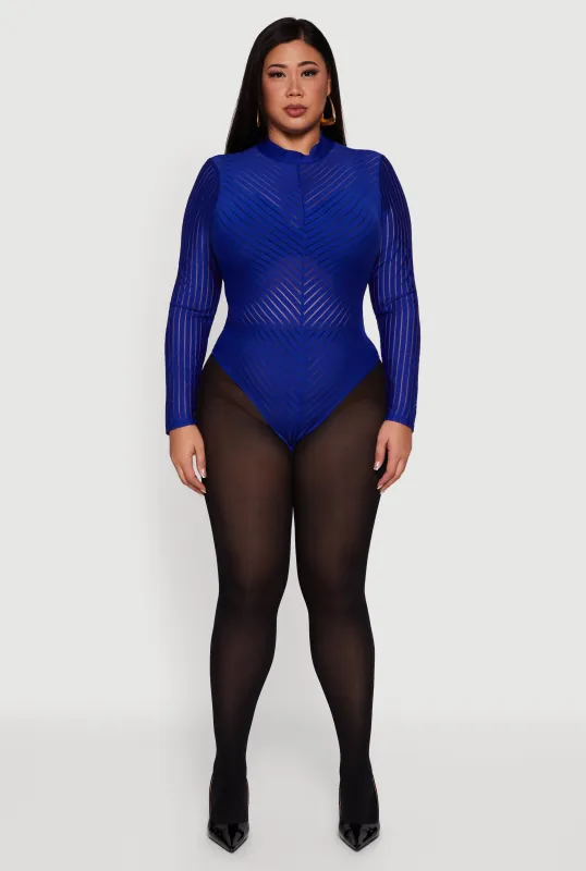 Plus Size Shadow Stripe Mesh Mock Neck Bodysuit sold by Rainbow