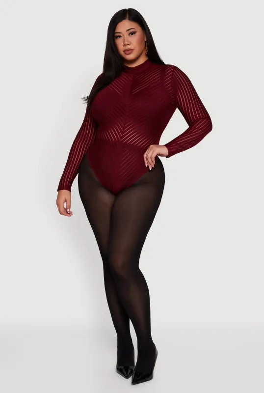 Plus Size Shadow Stripe Mesh Mock Neck Bodysuit sold by Rainbow