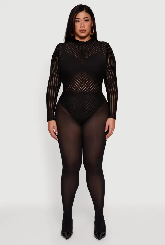 Plus Size Shadow Stripe Mesh Mock Neck Bodysuit sold by Rainbow