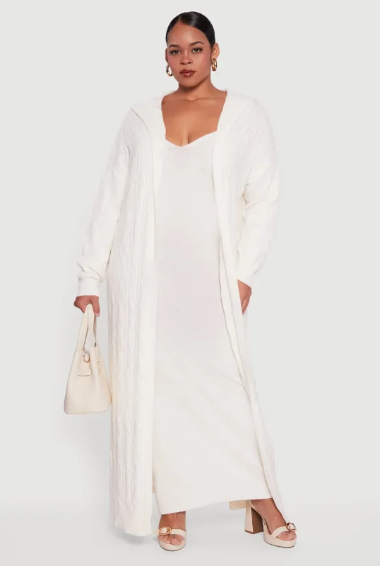 Plus Size Brushed Cable Knit Hooded Open Front Long Cardigan sold by Rainbow