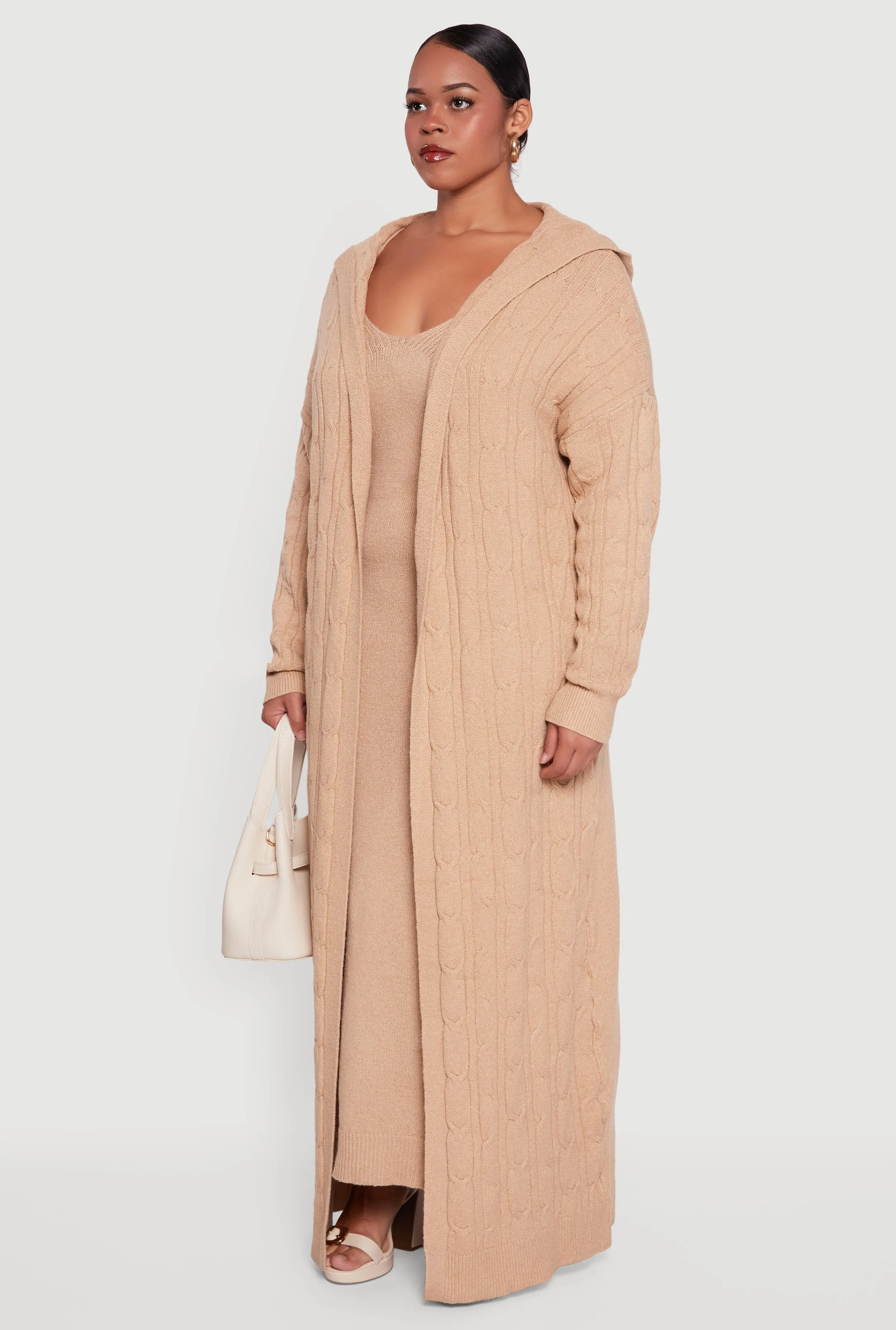 Plus Size Brushed Cable Knit Hooded Open Front Long Cardigan sold by Rainbow product image thumbnail 3