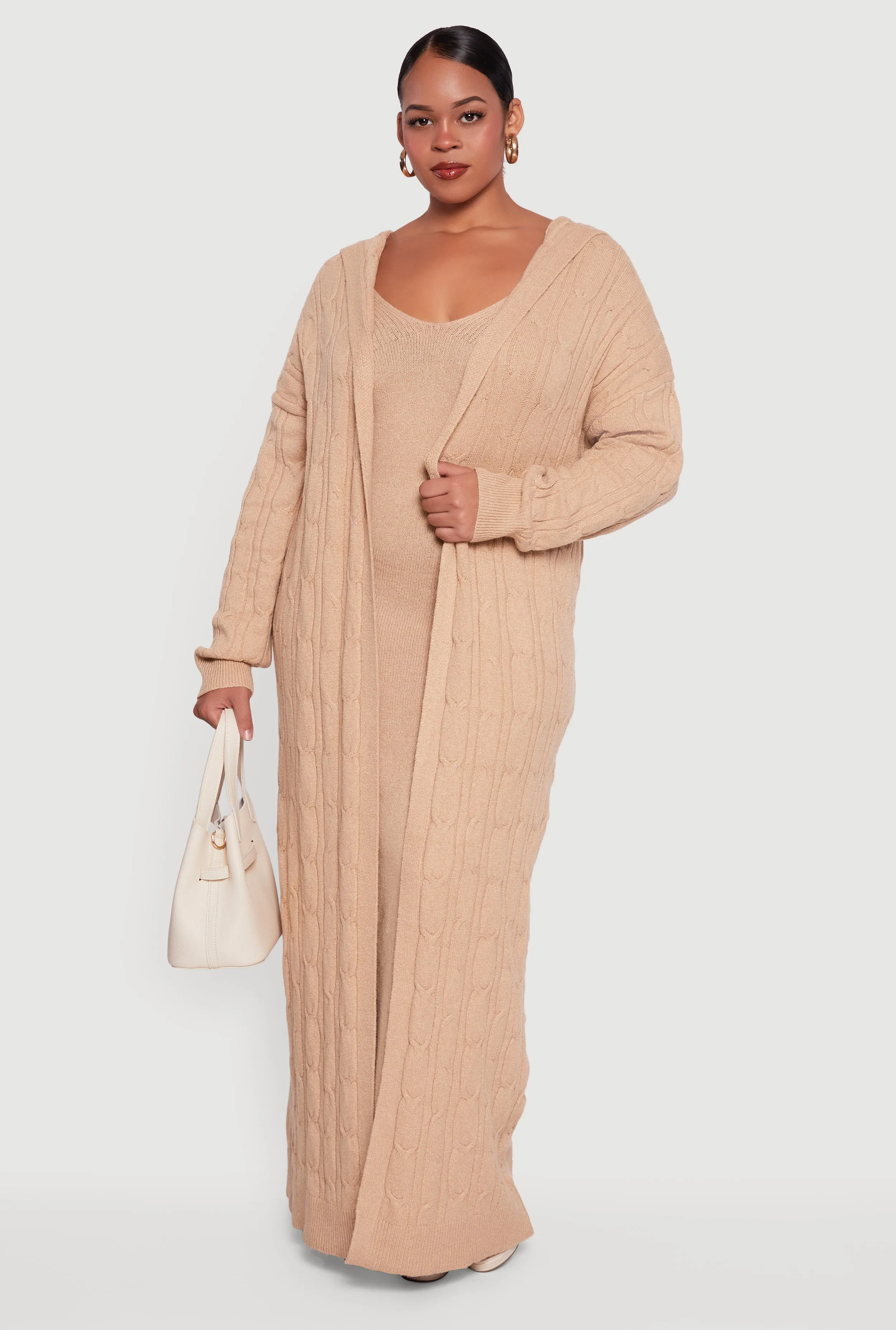 Plus Size Brushed Cable Knit Hooded Open Front Long Cardigan sold by Rainbow