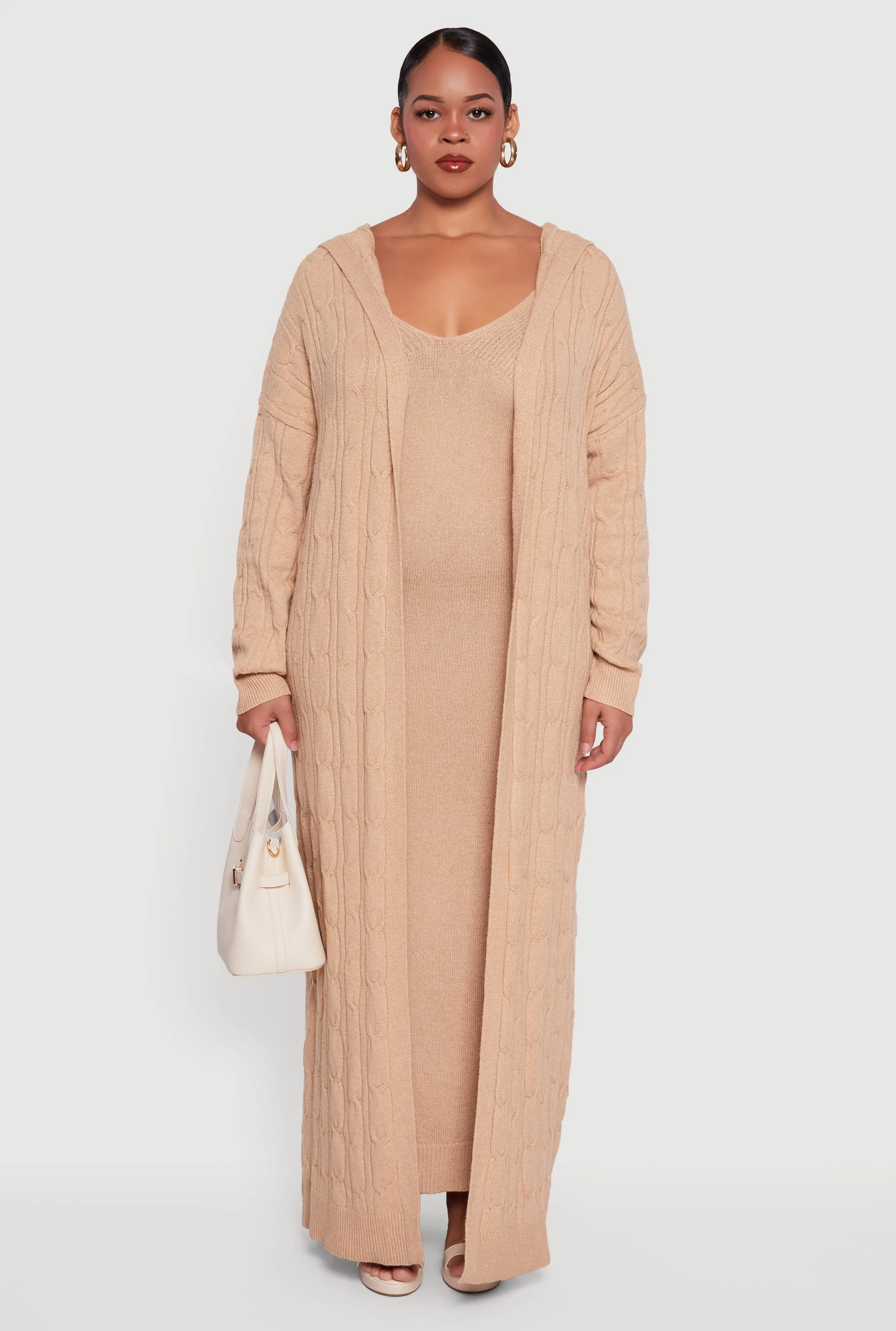 Plus Size Brushed Cable Knit Hooded Open Front Long Cardigan sold by Rainbow product image thumbnail 2