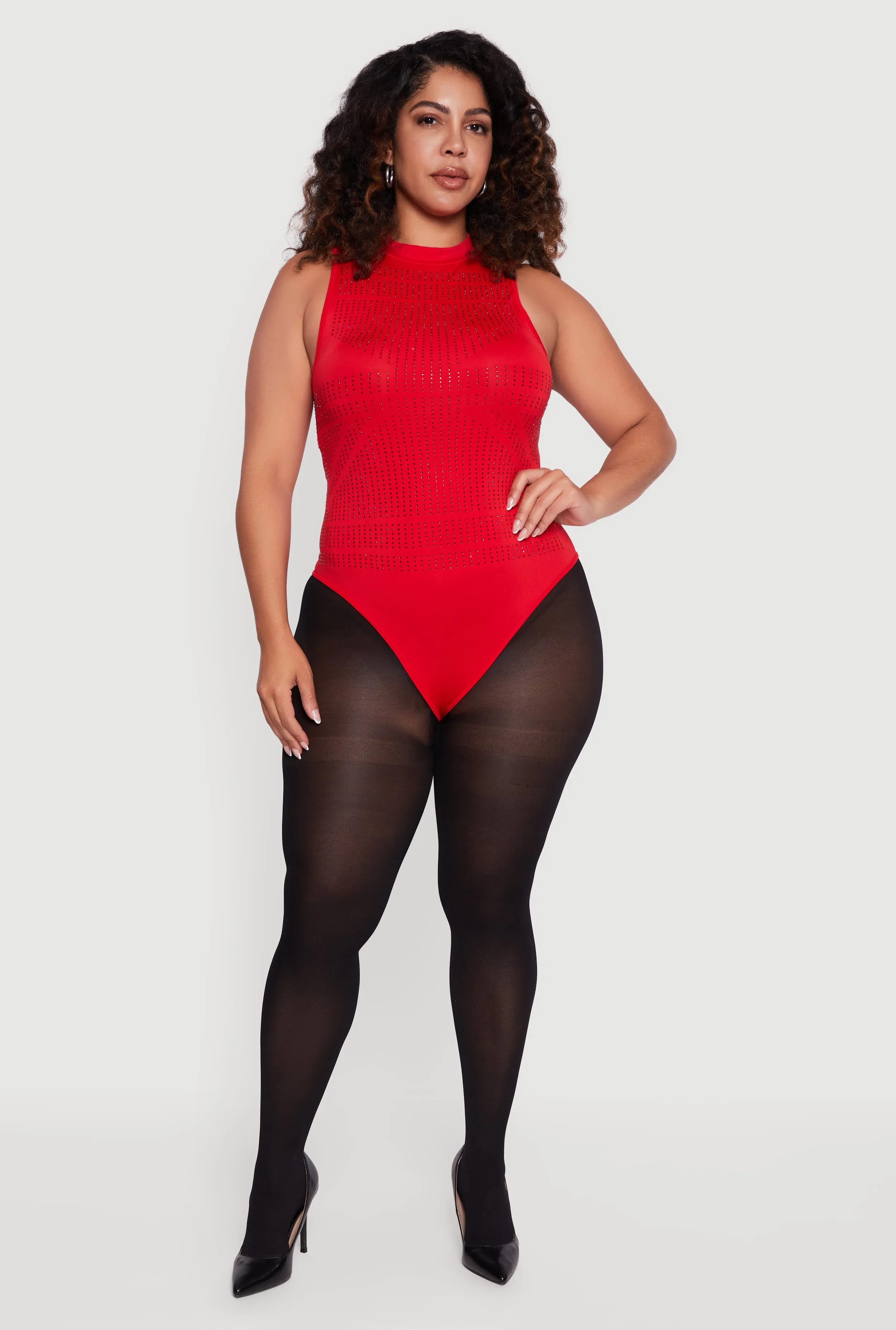 Plus Size Rhinestone Detail Sleeveless Mock Neck Bodysuit sold by Rainbow