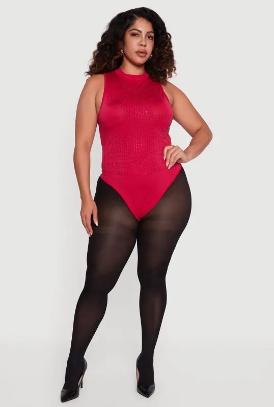 Plus Size Rhinestone Detail Sleeveless Mock Neck Bodysuit sold by Rainbow