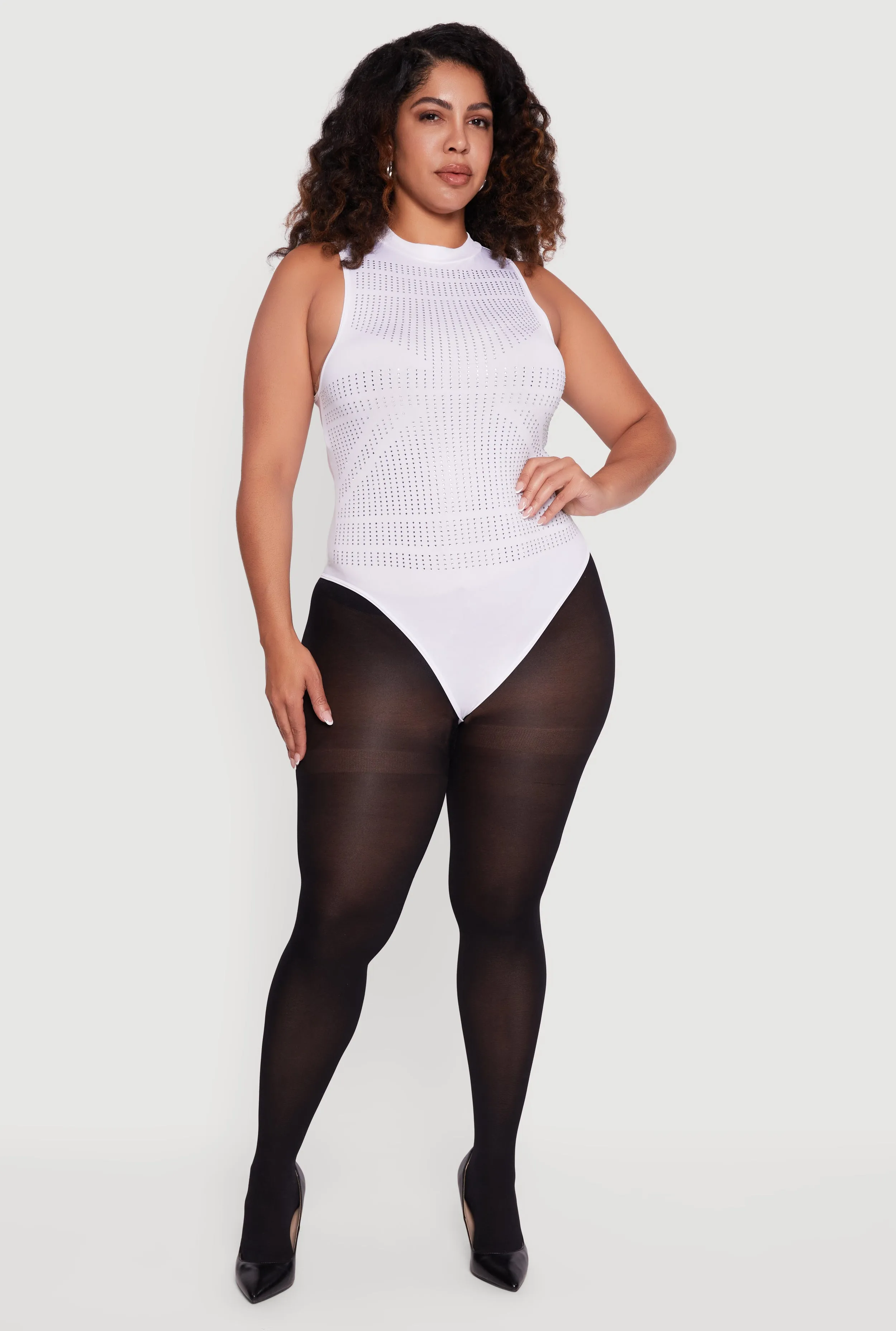 Plus Size Rhinestone Detail Sleeveless Mock Neck Bodysuit sold by Rainbow