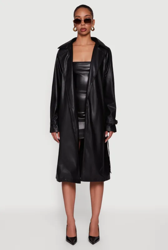 Faux Leather Belted Long Trench Coat sold by Rainbow