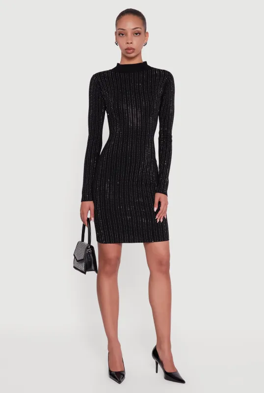 Rhinestone Studded Ribbed Knit Mini Sweater Dress sold by Rainbow