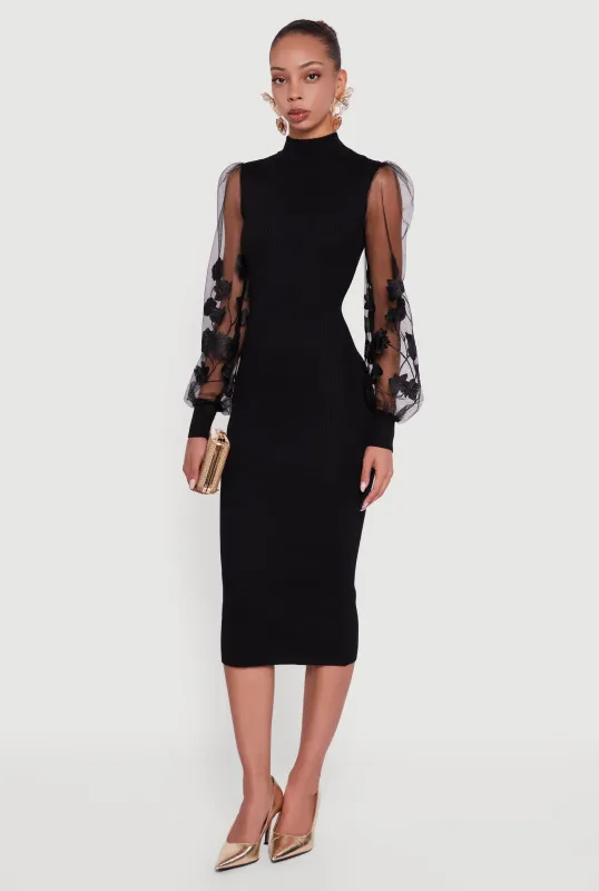 Embroidered Mesh Sleeve Midi Sweater Dress sold by Rainbow