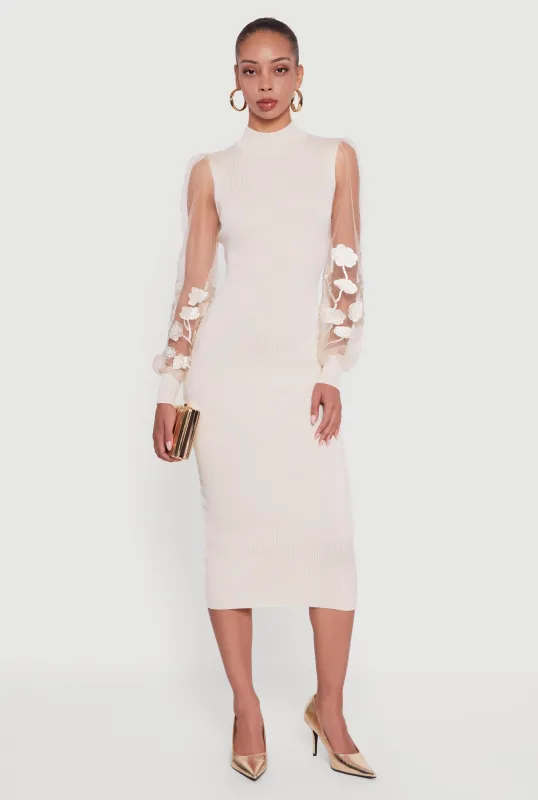 Embroidered Mesh Sleeve Midi Sweater Dress sold by Rainbow