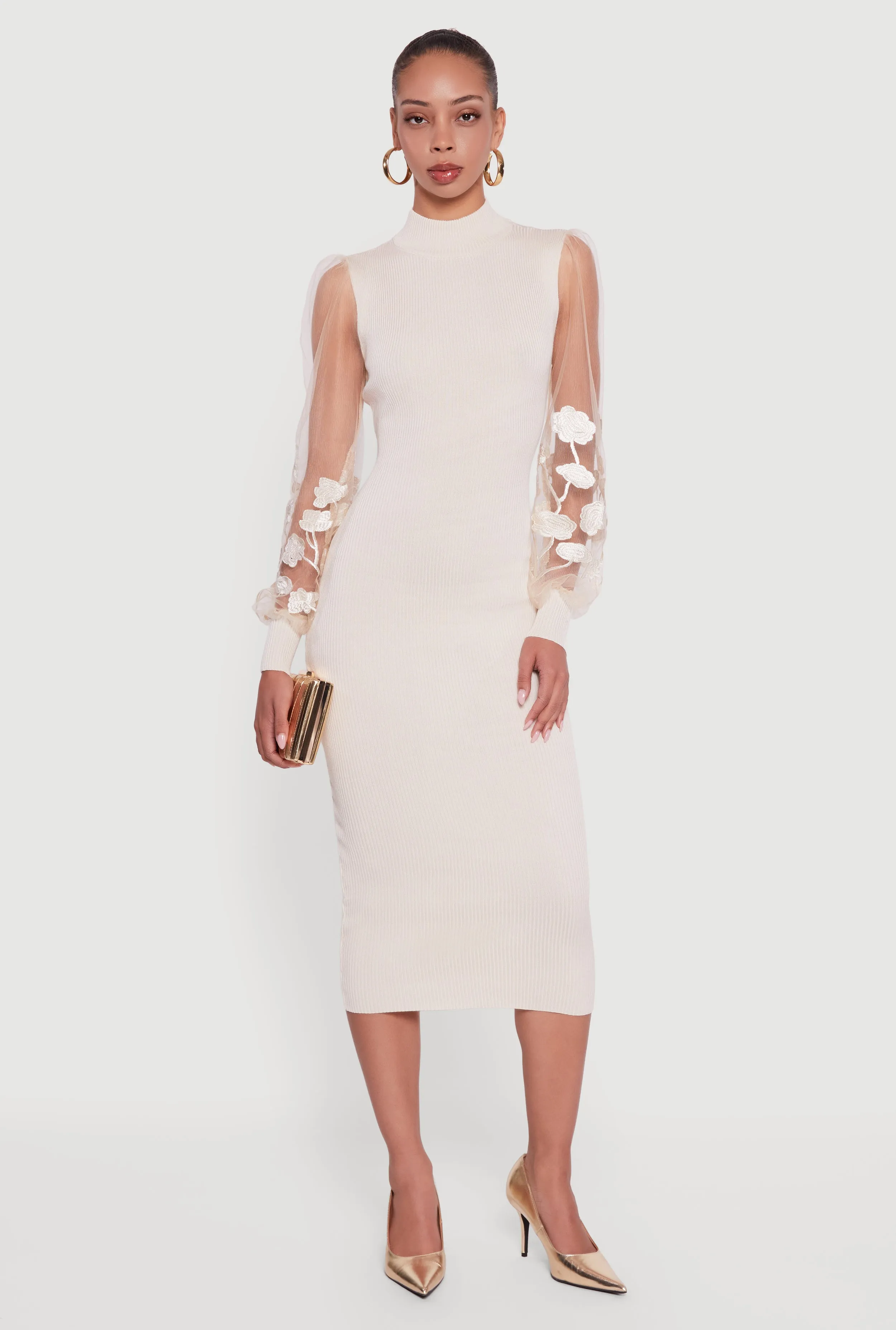 Embroidered Mesh Sleeve Midi Sweater Dress sold by Rainbow