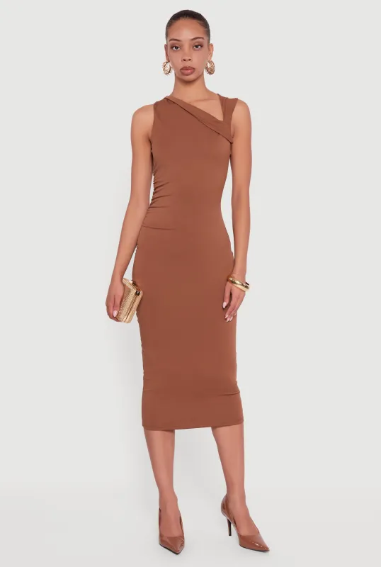 Side Ruched Asymmetrical Neck Sleeveless Midi Dress sold by Rainbow