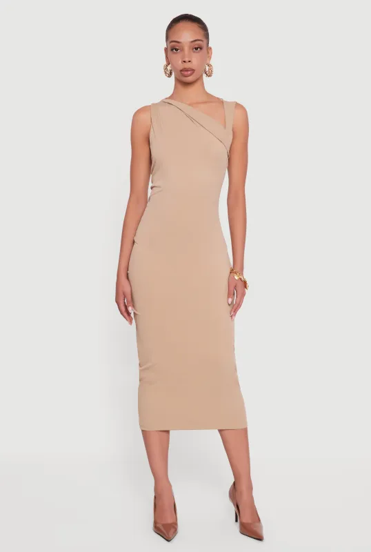 Side Ruched Asymmetrical Neck Sleeveless Midi Dress sold by Rainbow