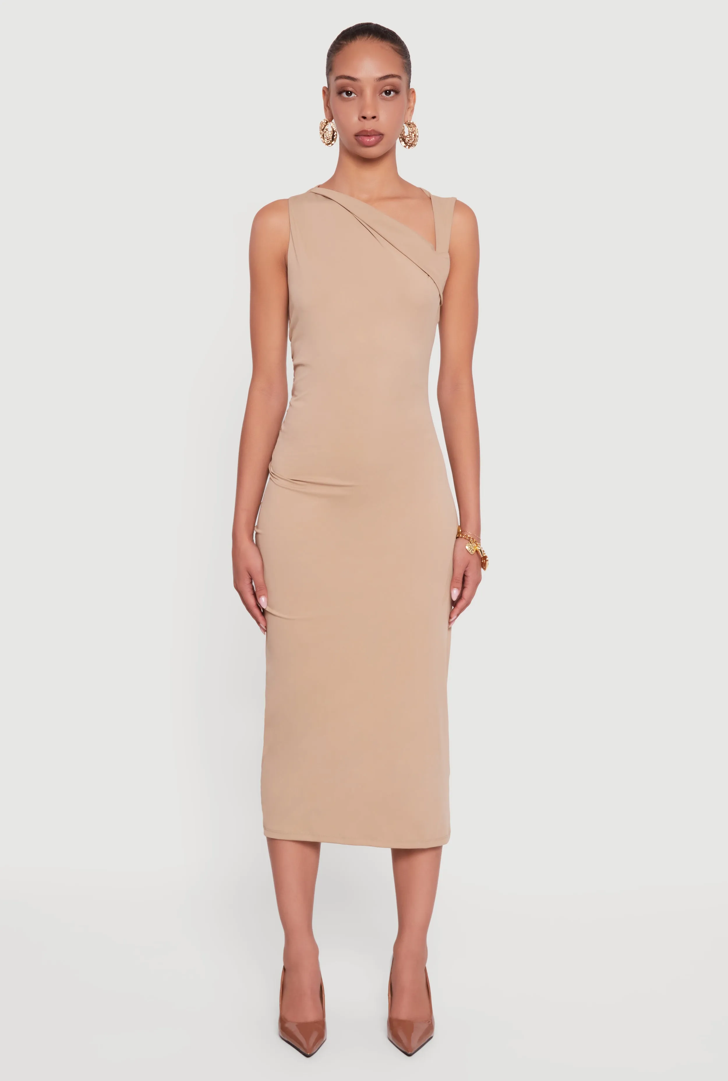 Side Ruched Asymmetrical Neck Sleeveless Midi Dress sold by Rainbow product image thumbnail 2