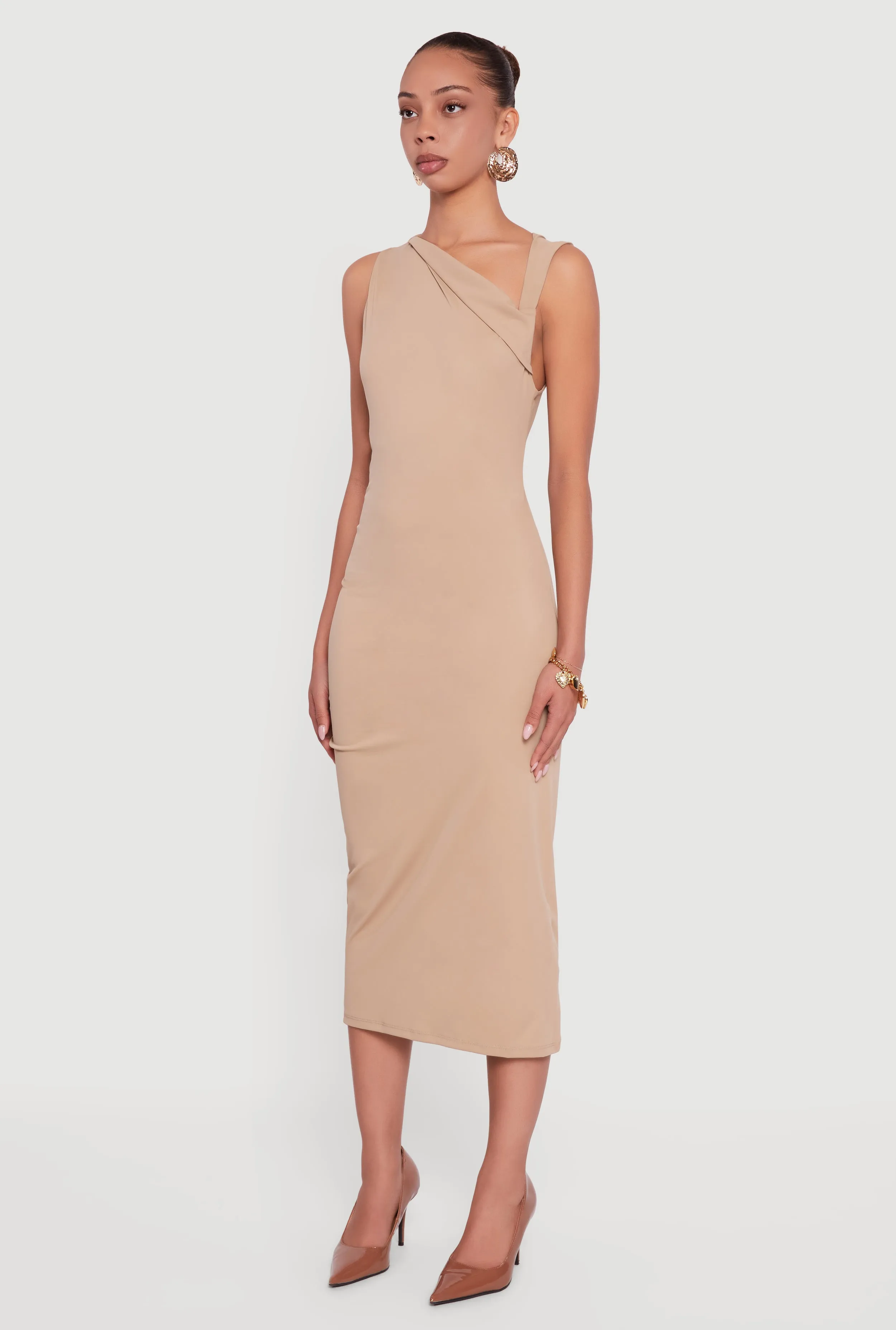 Side Ruched Asymmetrical Neck Sleeveless Midi Dress sold by Rainbow product image thumbnail 3