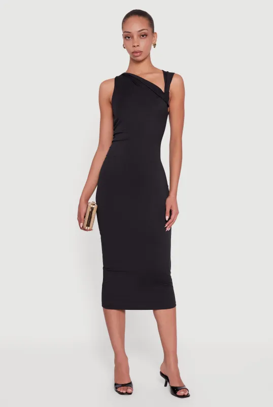 Side Ruched Asymmetrical Neck Sleeveless Midi Dress sold by Rainbow