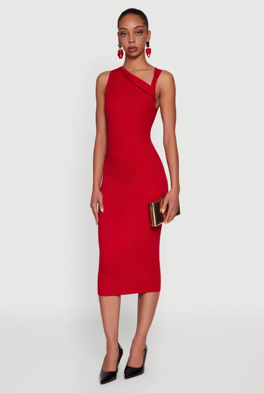 Side Ruched Asymmetrical Neck Sleeveless Midi Dress sold by Rainbow
