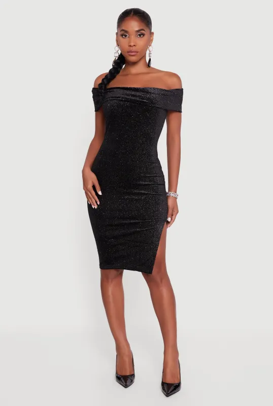 Velvet Glitter Off the Shoulder Midi Dress with Side Slit sold by Rainbow
