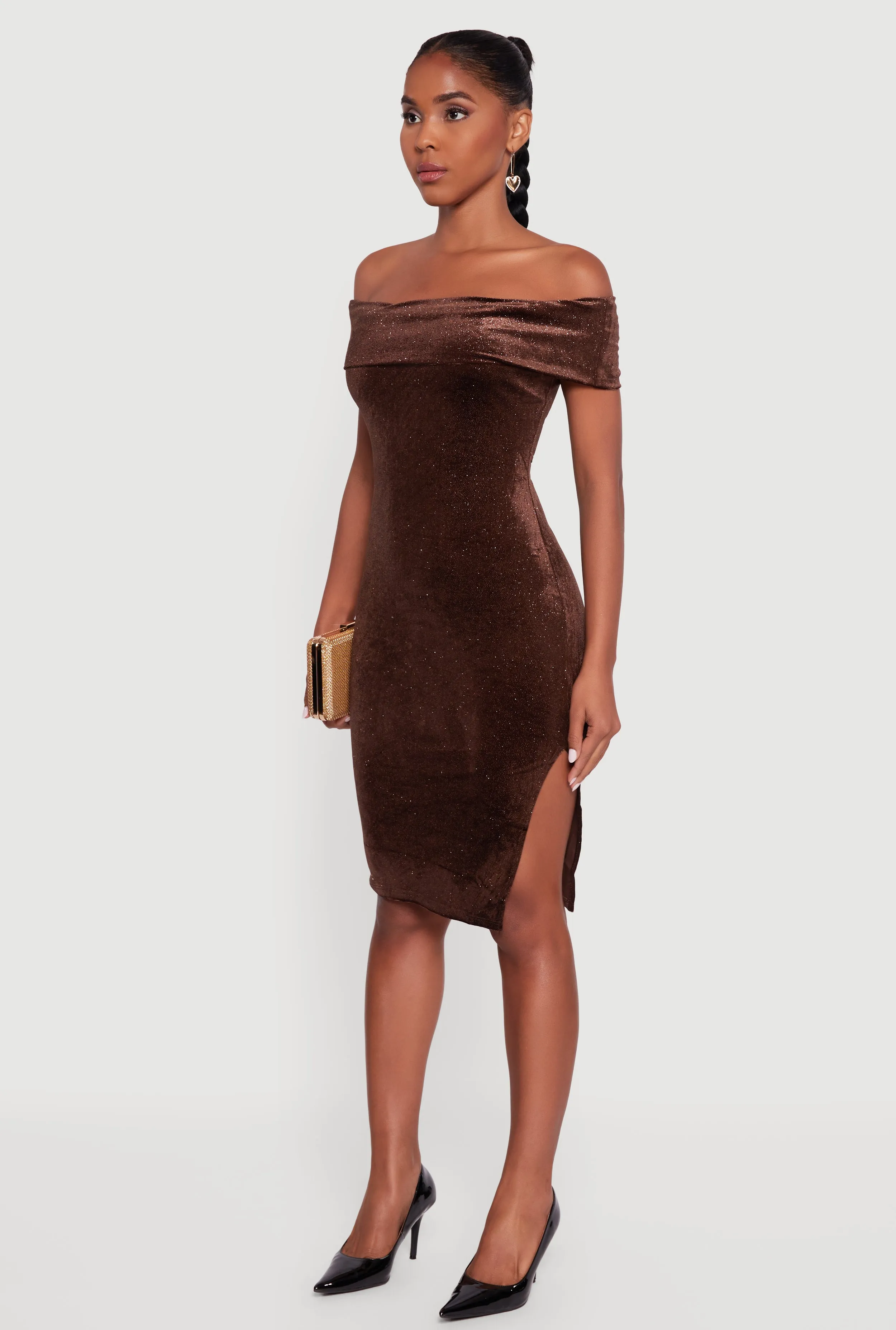 Velvet Glitter Off the Shoulder Midi Dress with Side Slit sold by Rainbow product image thumbnail 3