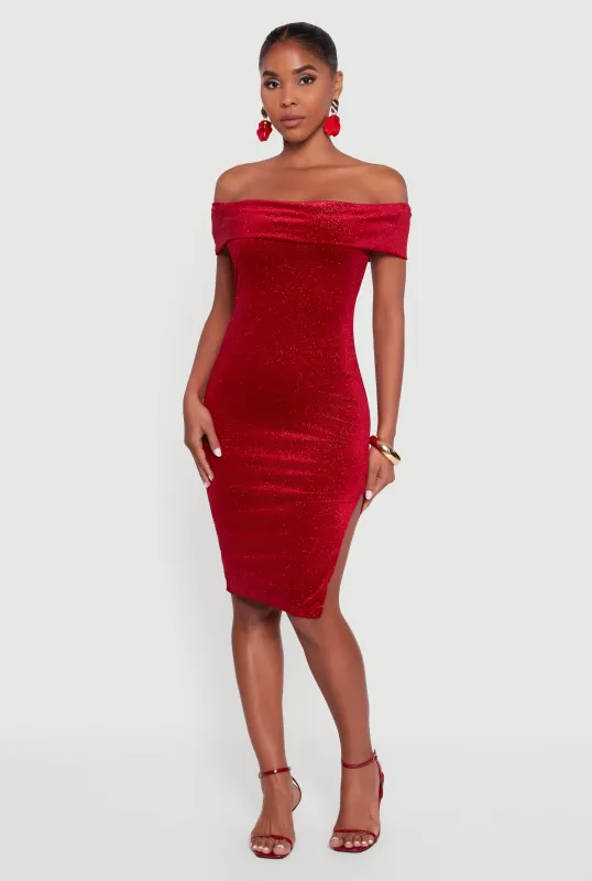 Velvet Glitter Off the Shoulder Midi Dress with Side Slit sold by Rainbow