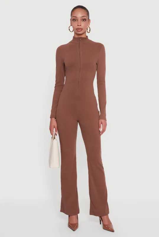 Ribbed Knit Zip Front Mock Neck Jumpsuit sold by Rainbow