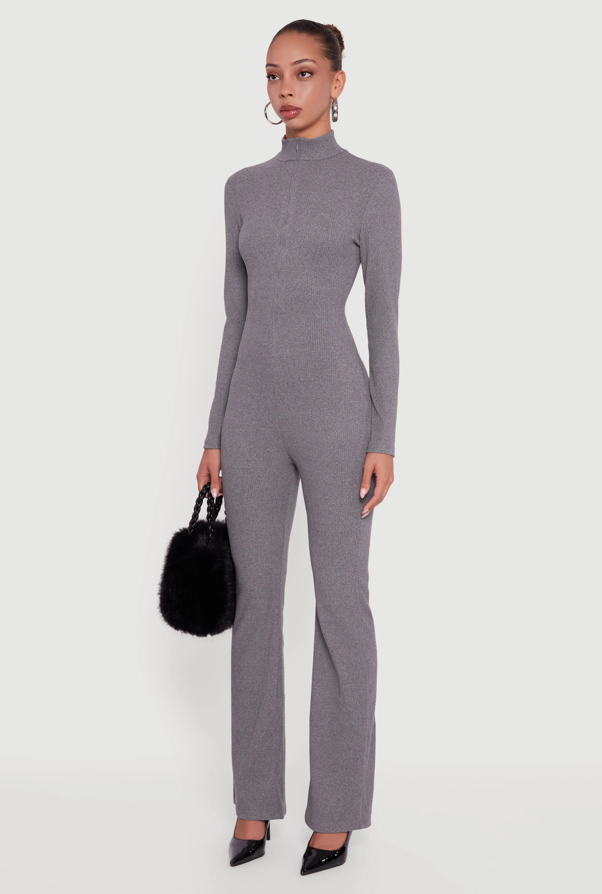 Ribbed Knit Zip Front Mock Neck Jumpsuit sold by Rainbow product image thumbnail 3