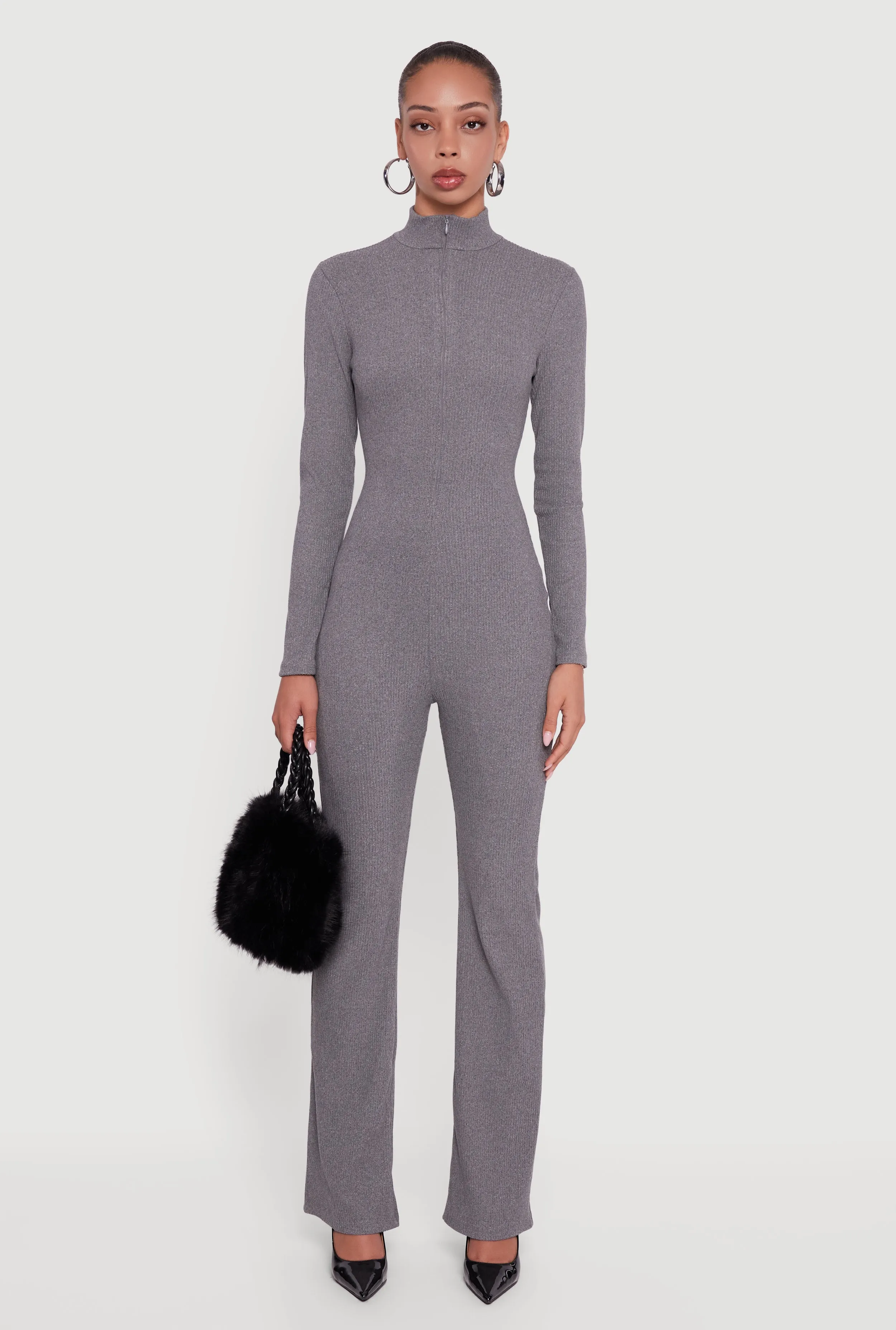 Ribbed Knit Zip Front Mock Neck Jumpsuit sold by Rainbow product image thumbnail 2
