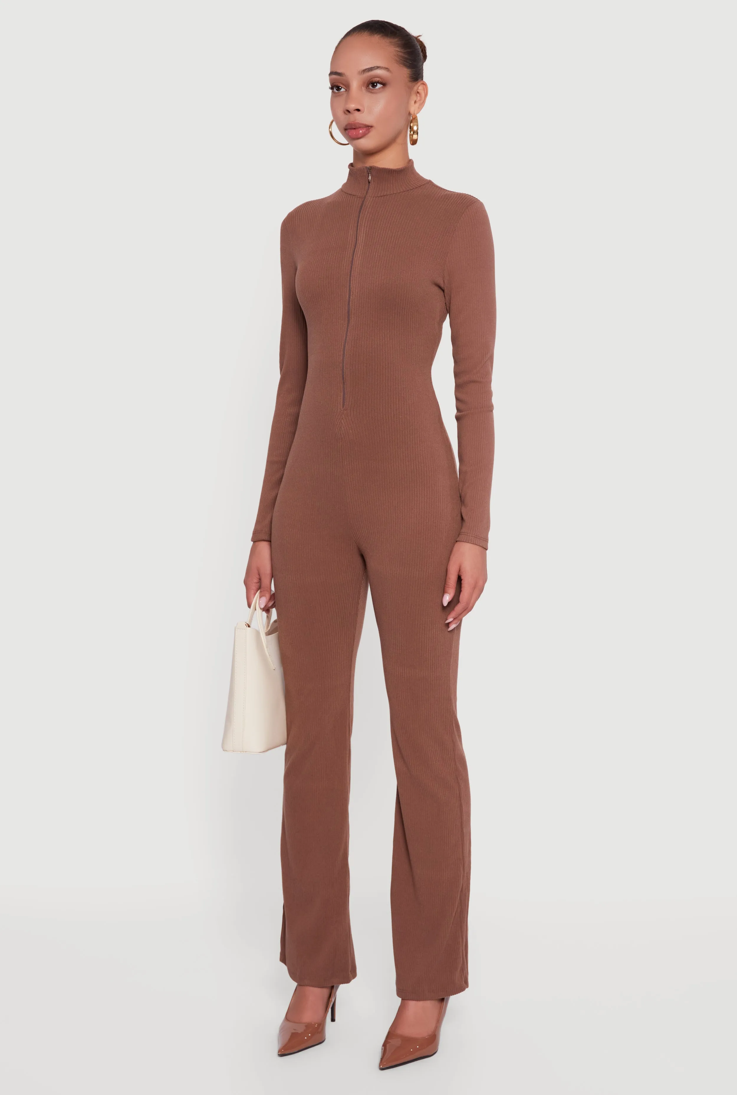 Ribbed Knit Zip Front Mock Neck Jumpsuit sold by Rainbow product image thumbnail 3