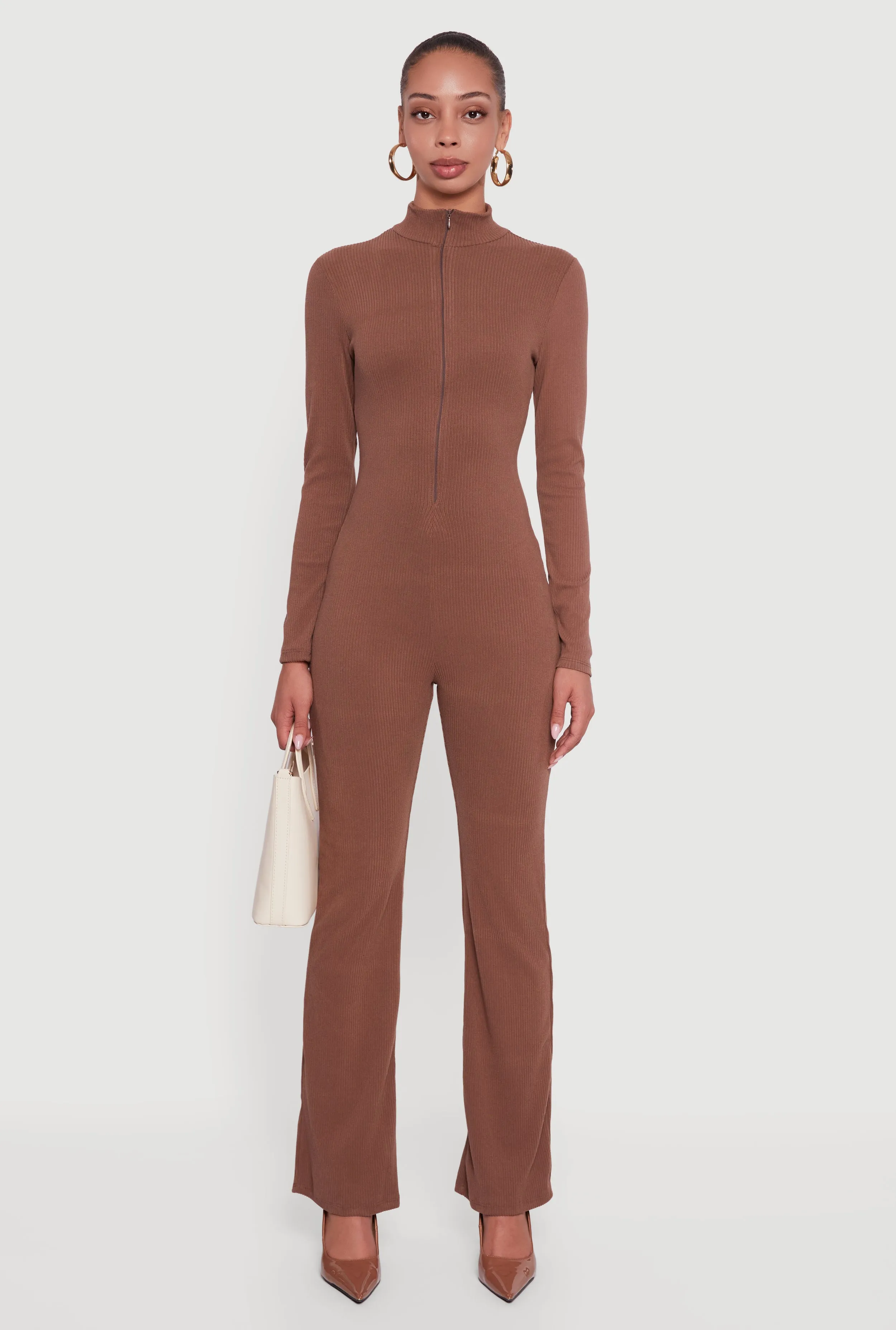 Ribbed Knit Zip Front Mock Neck Jumpsuit sold by Rainbow product image thumbnail 2