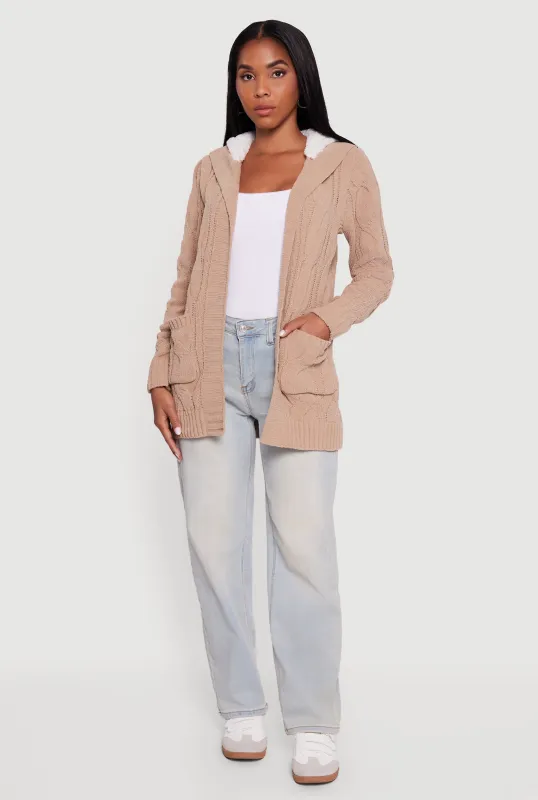 Cable Knit Sherpa Lined Hooded Cardigan sold by Rainbow