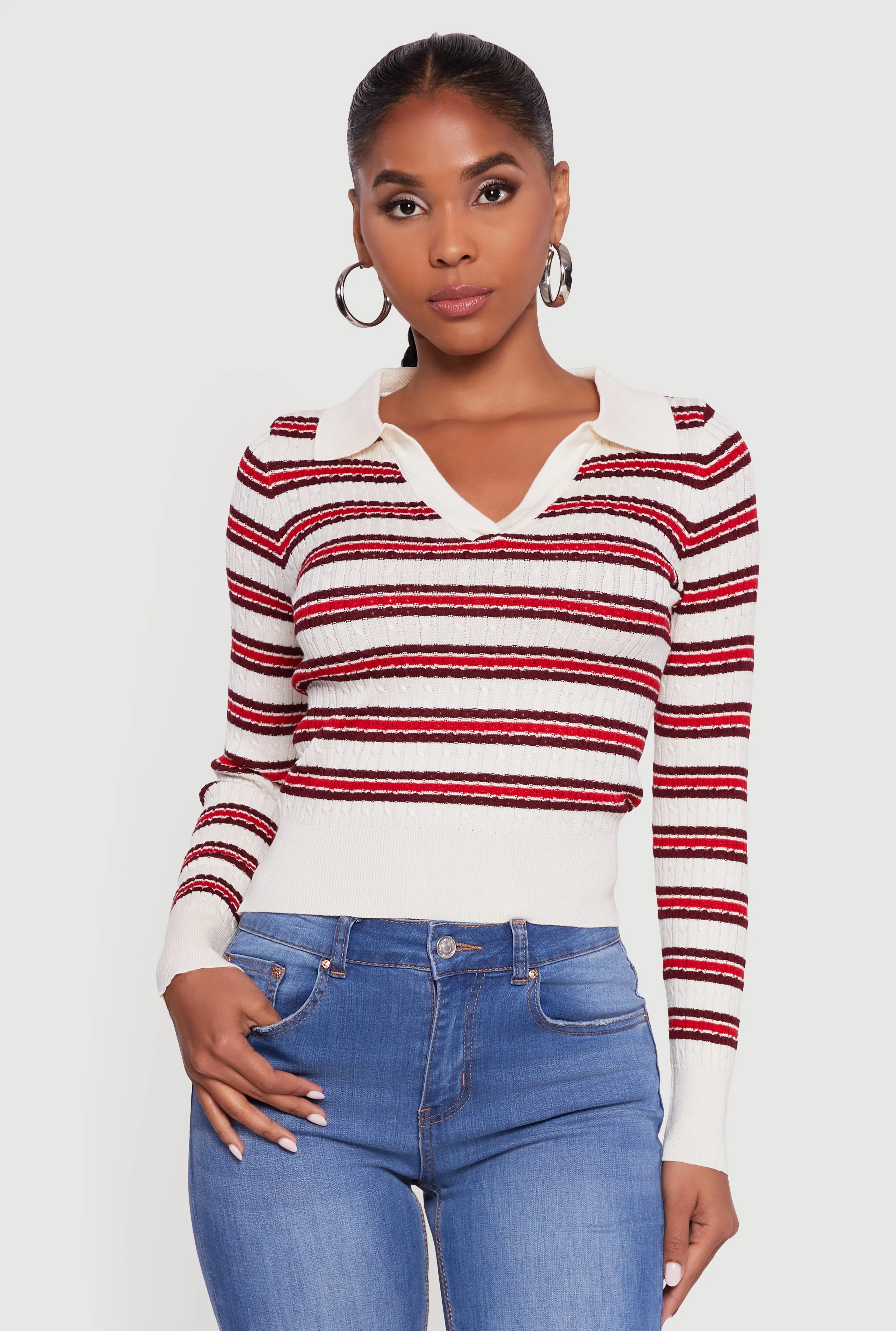 Striped Cable Knit Polo Sweater sold by Rainbow product image thumbnail 2