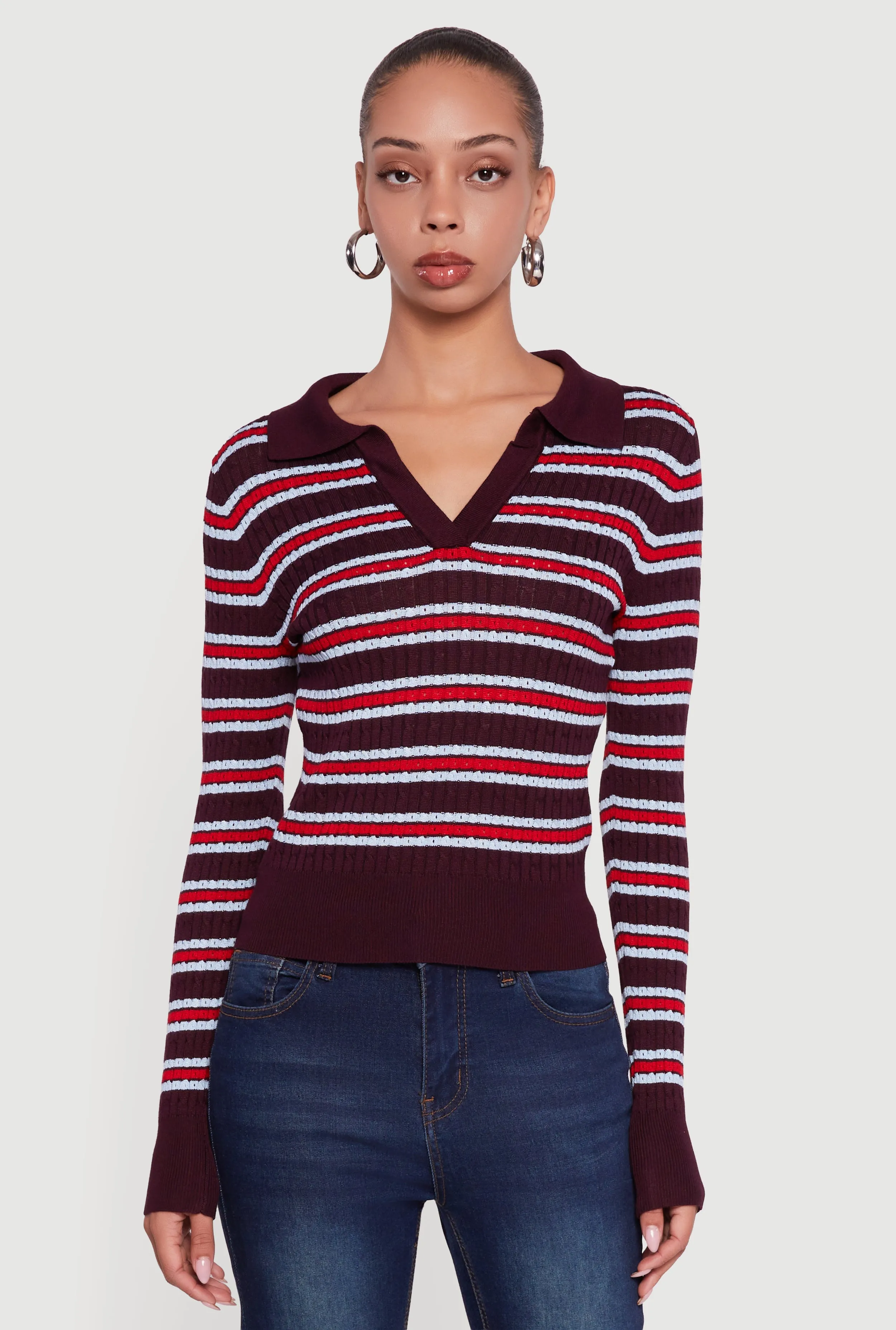 Striped Cable Knit Polo Sweater sold by Rainbow product image thumbnail 2