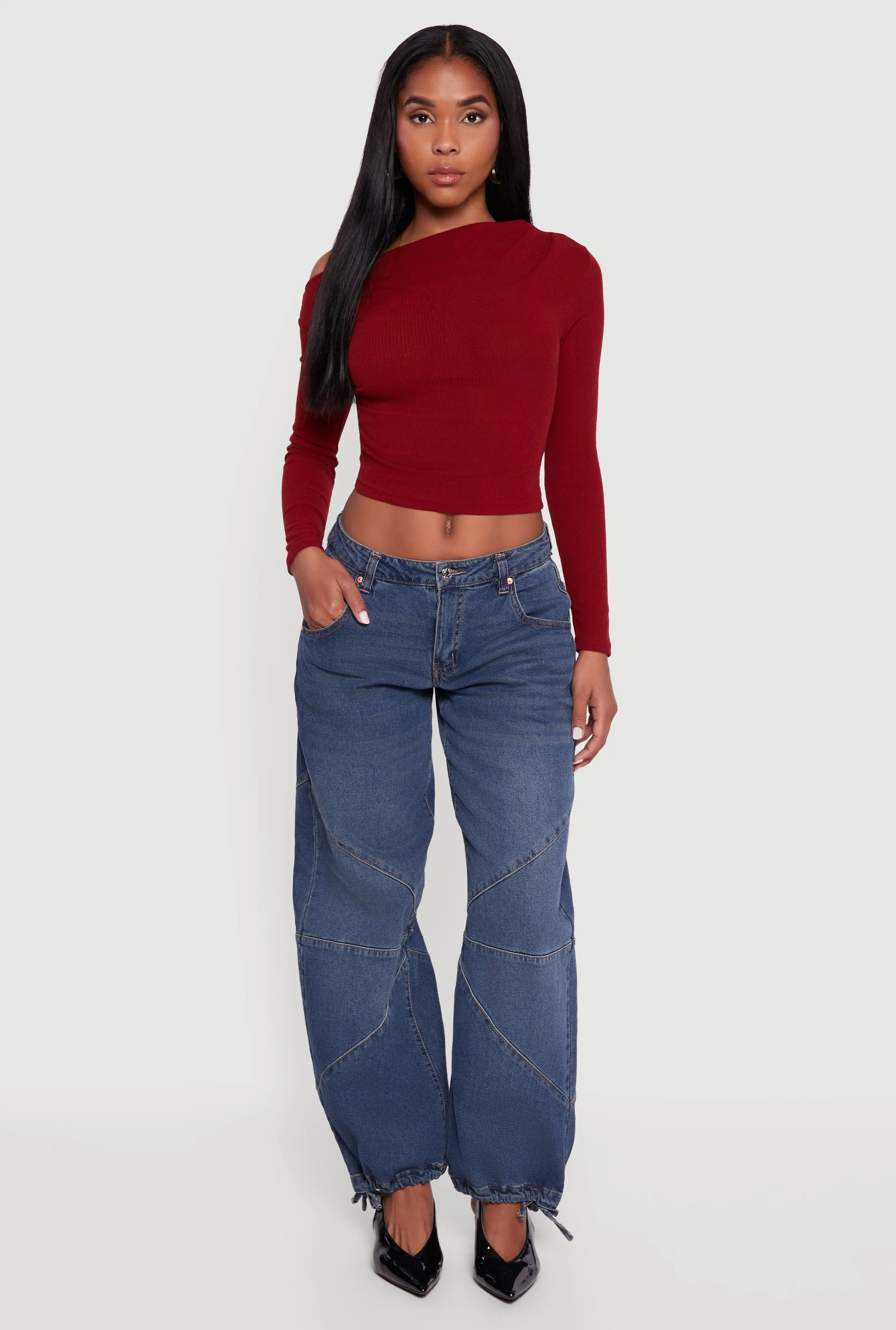 Ribbed Knit Ruched One Shoulder Crop Top sold by Rainbow