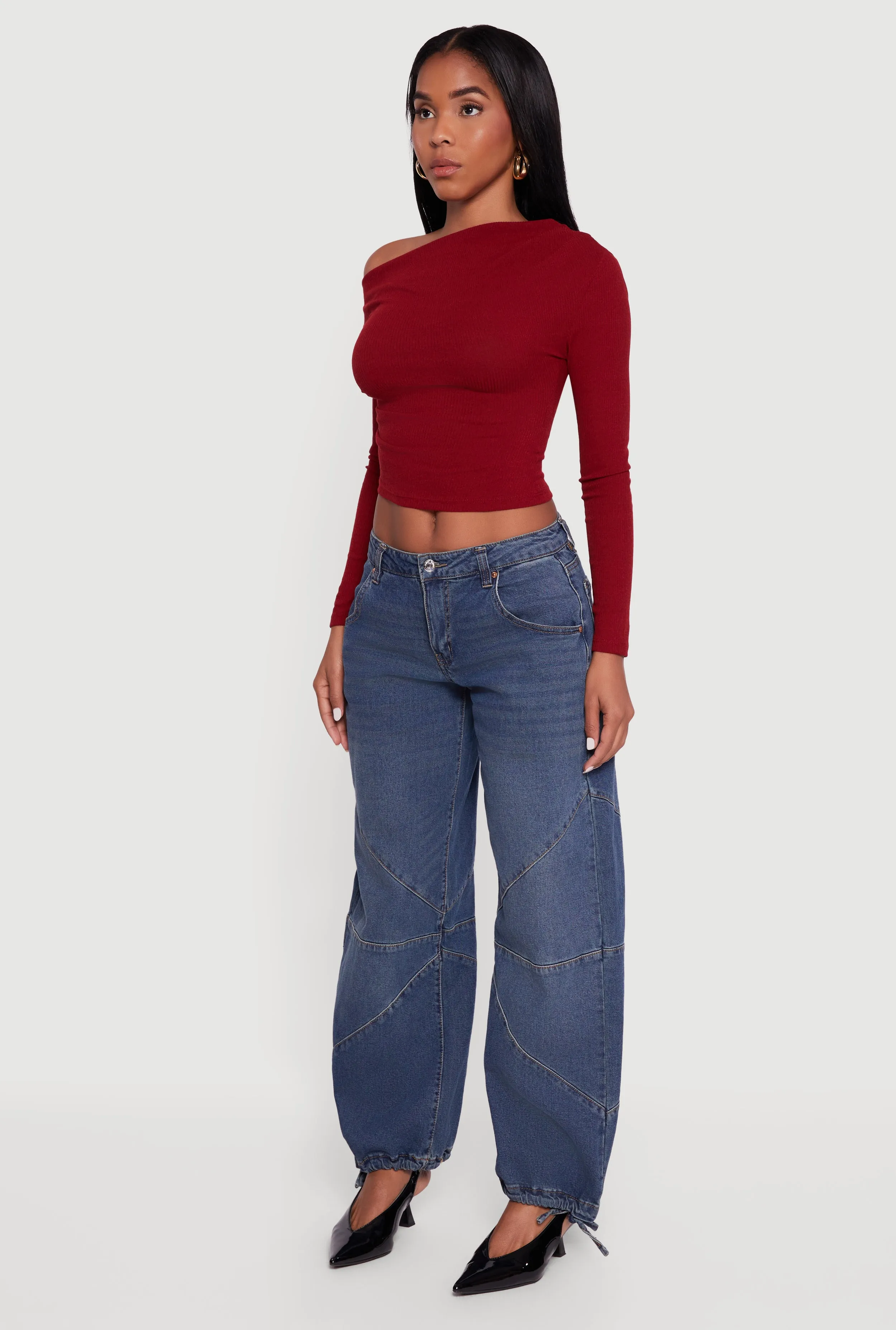 Ribbed Knit Ruched One Shoulder Crop Top sold by Rainbow product image thumbnail 5