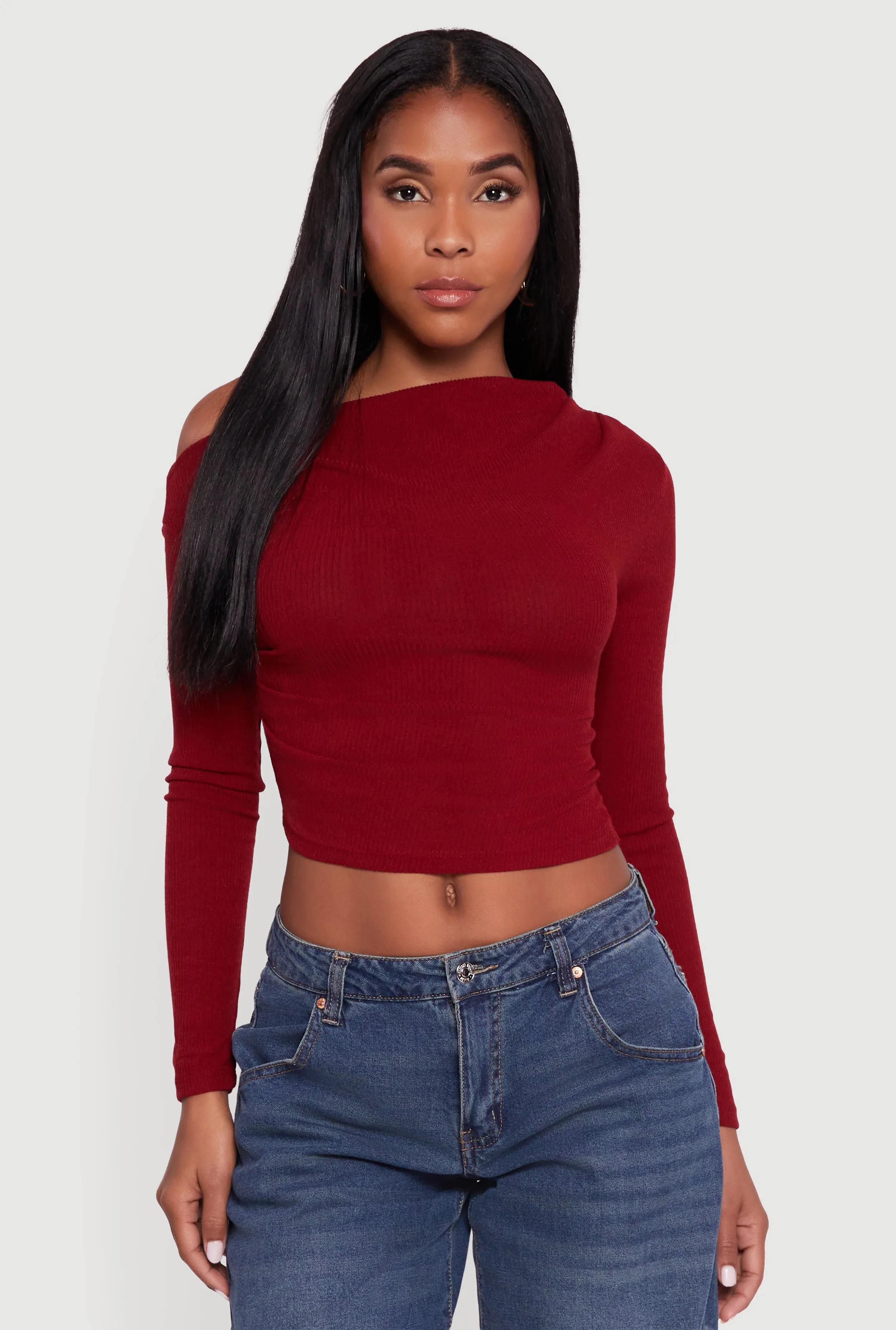 Ribbed Knit Ruched One Shoulder Crop Top sold by Rainbow product image thumbnail 2