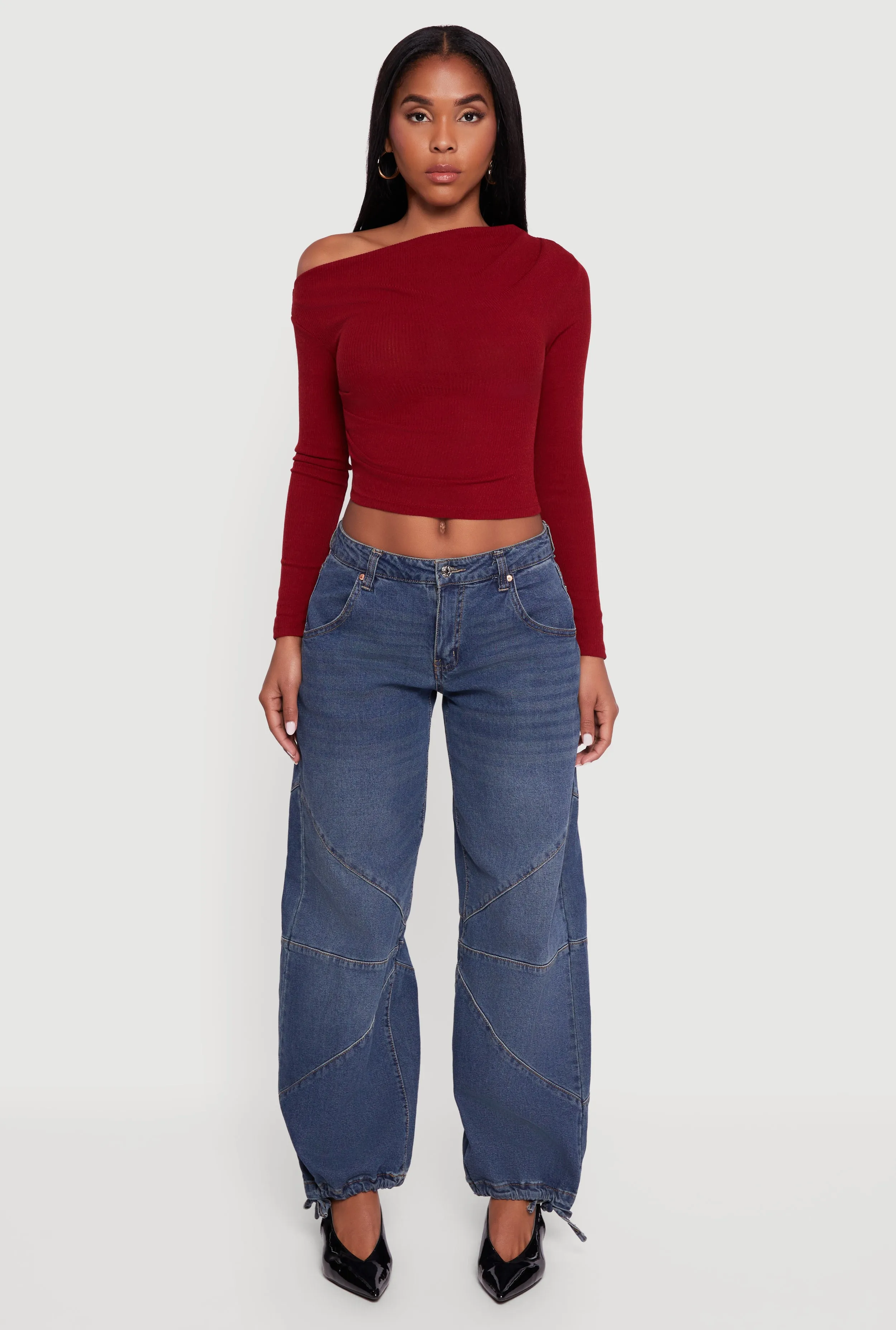 Ribbed Knit Ruched One Shoulder Crop Top sold by Rainbow product image thumbnail 3