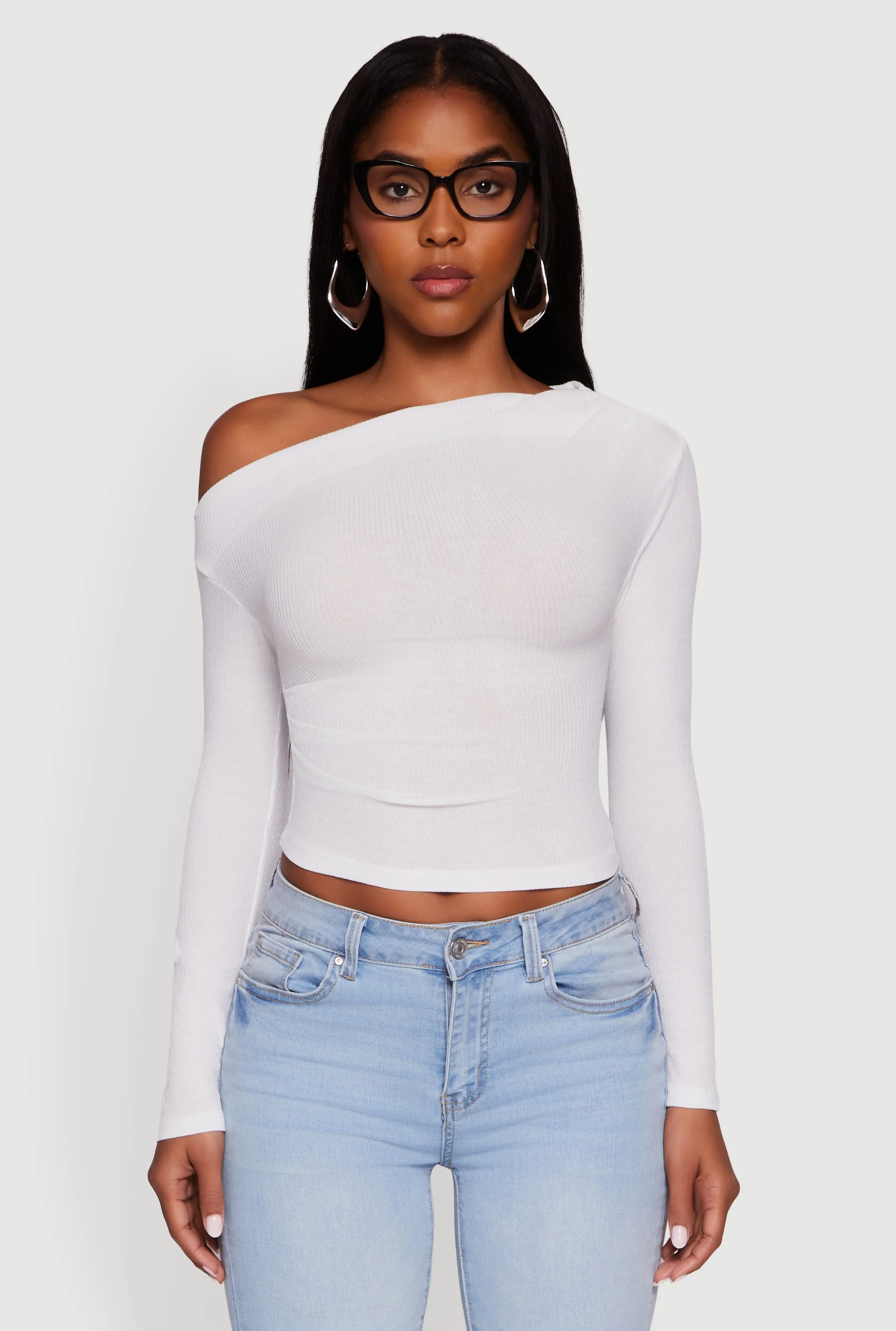 Ribbed Knit Ruched One Shoulder Crop Top sold by Rainbow product image thumbnail 2